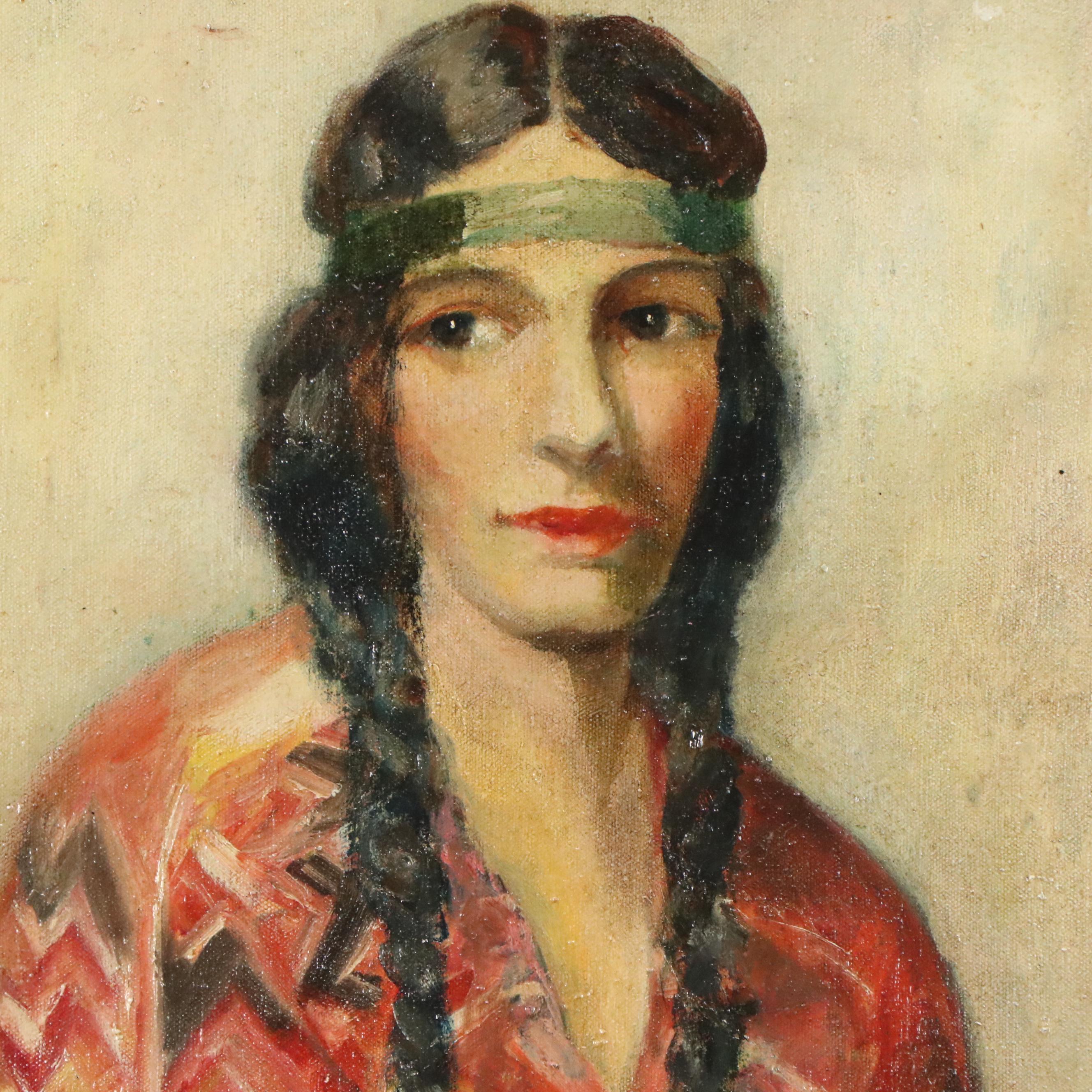 Frank A. Wentland Oil Portrait Painting of Native American Woman, 1920s–1930s