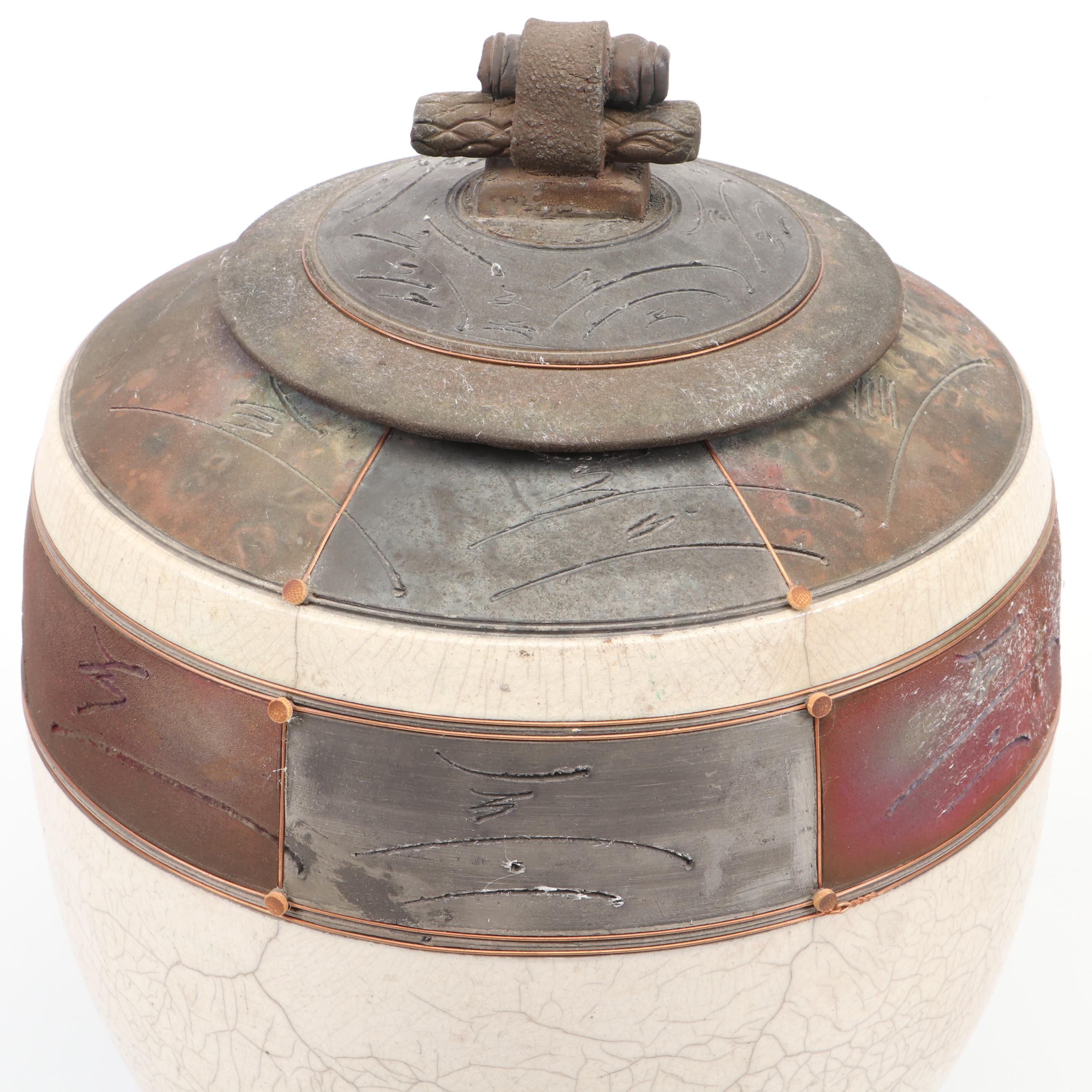 Handcrafted Art Pottery Raku Fired Ceramic, Metal and Wood Lidded Urn, 1988
