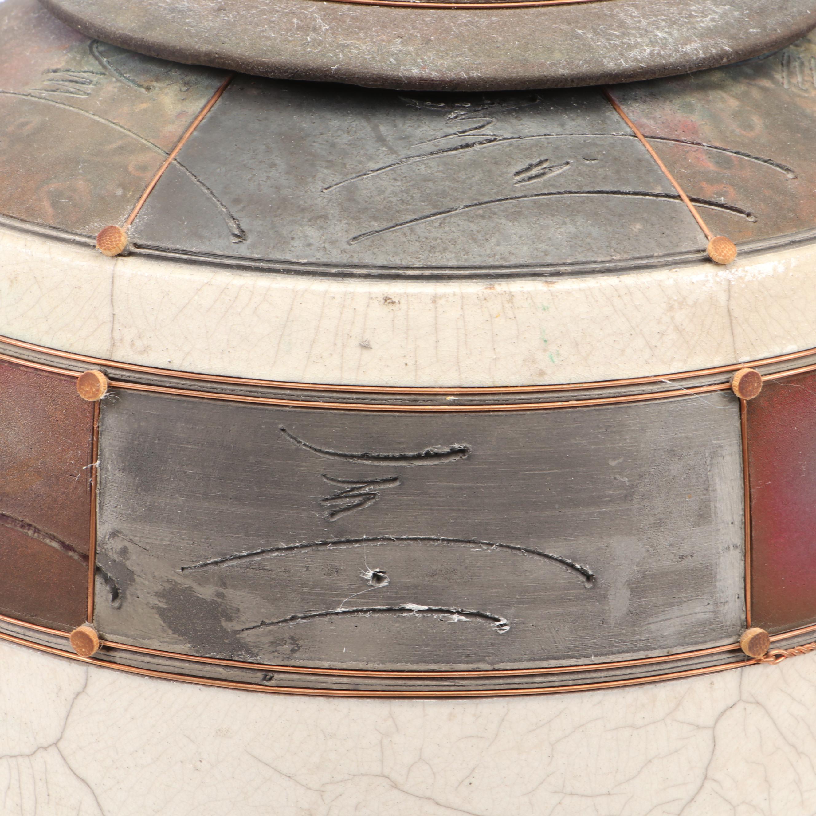 Handcrafted Art Pottery Raku Fired Ceramic, Metal and Wood Lidded Urn, 1988