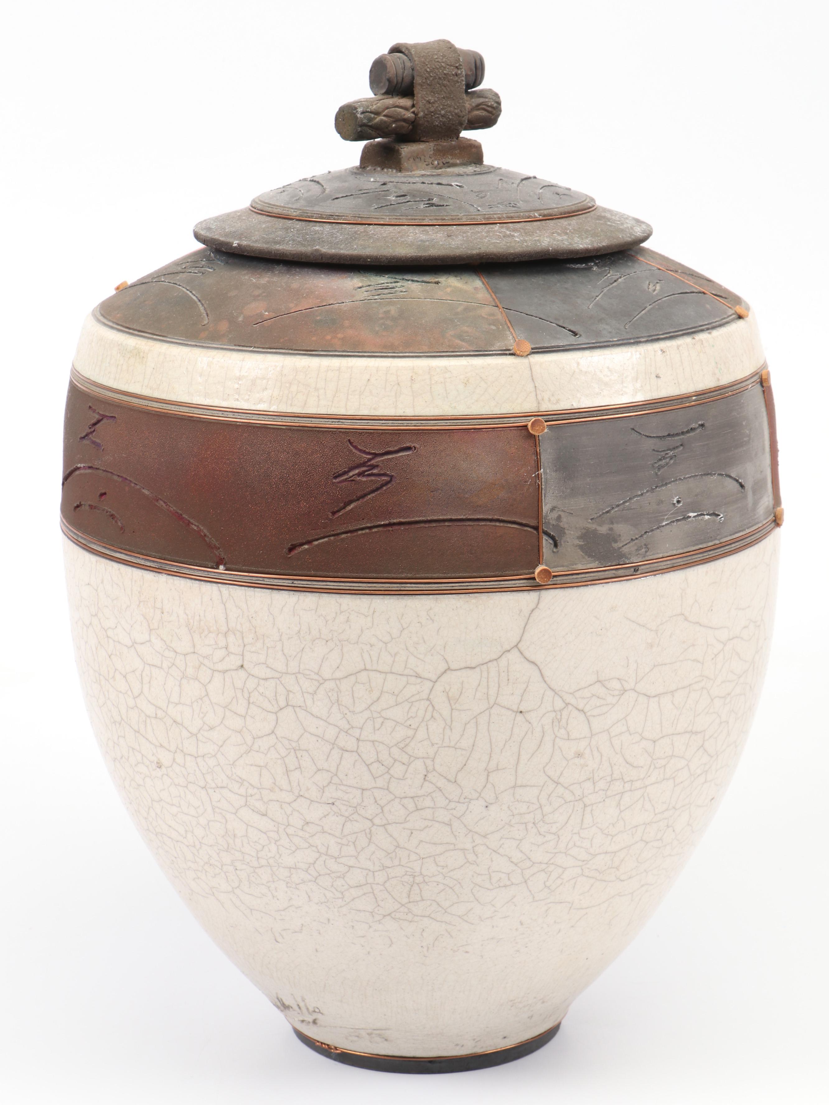Handcrafted Art Pottery Raku Fired Ceramic, Metal and Wood Lidded Urn, 1988