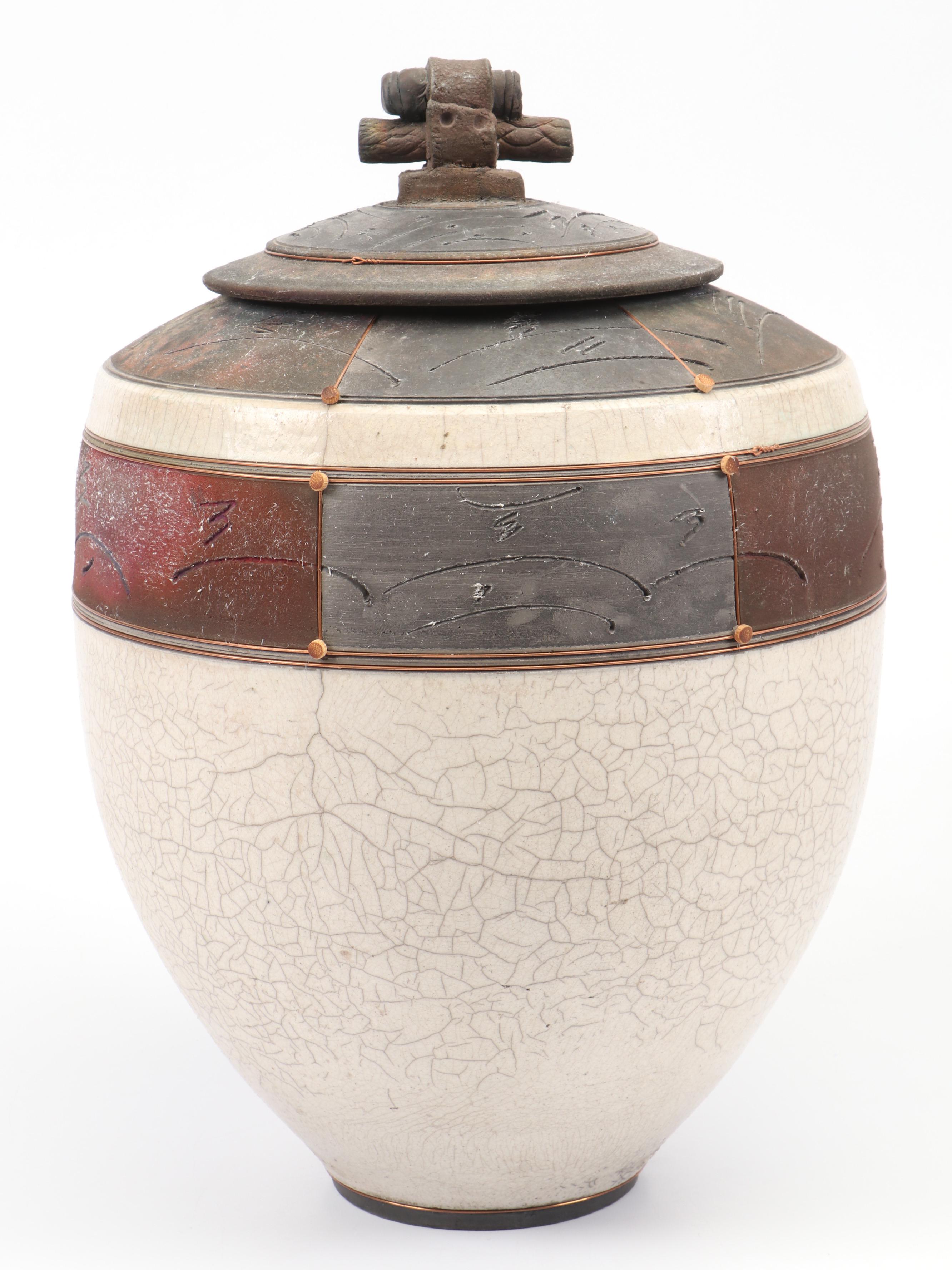 Handcrafted Art Pottery Raku Fired Ceramic, Metal and Wood Lidded Urn, 1988