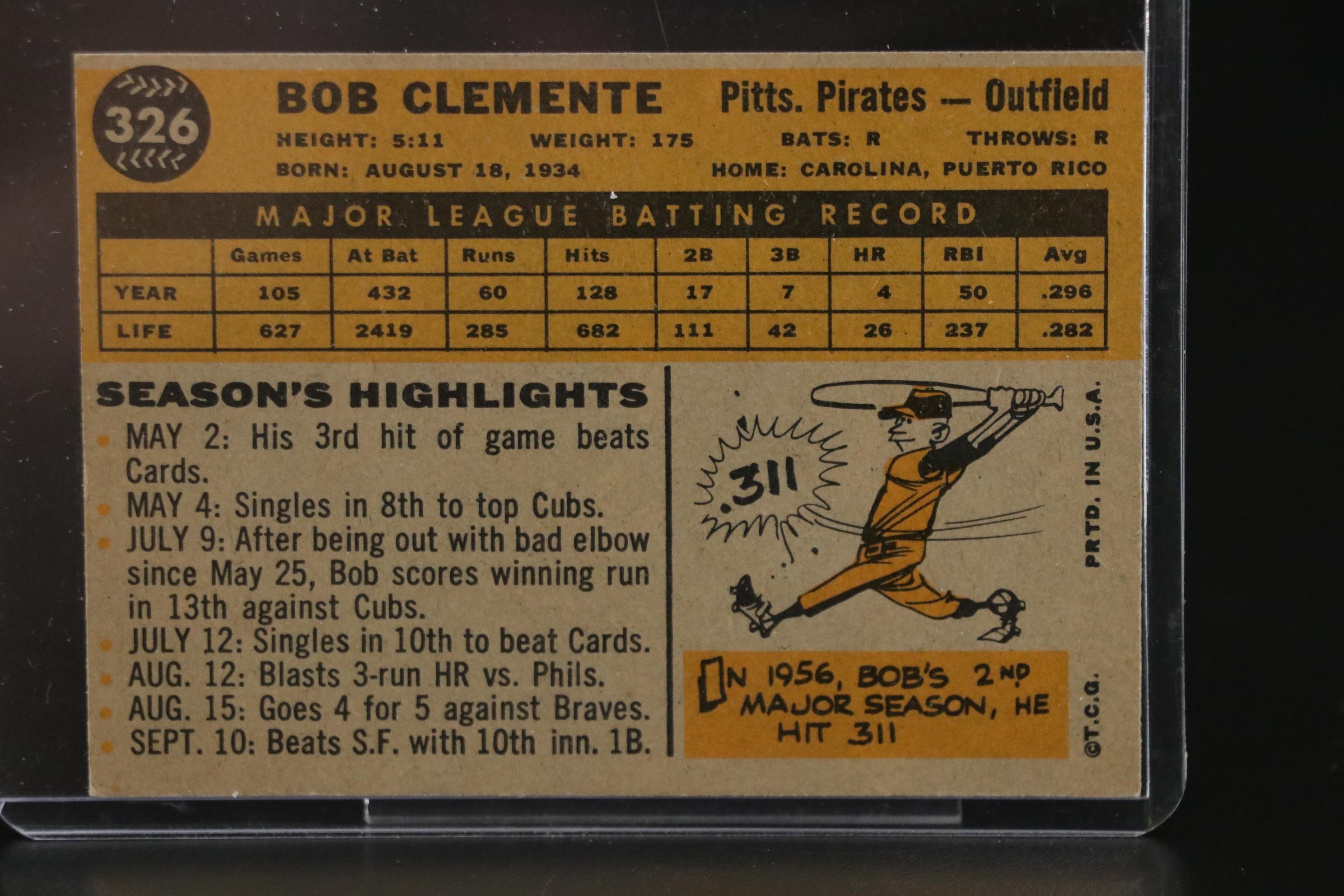 1960 Topps Roberto Clemente Pittsburgh Pirates #326 Baseball Card