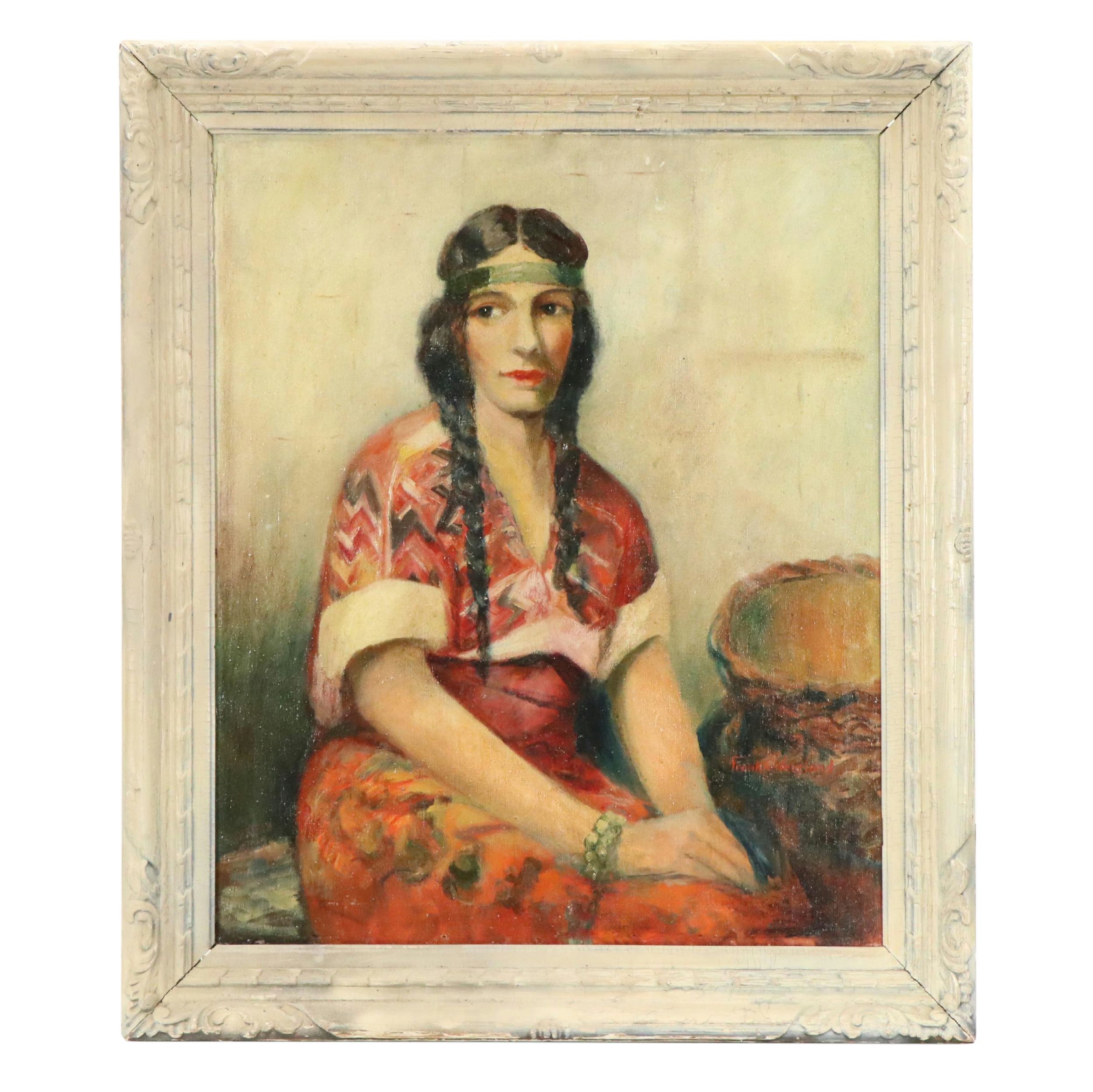 Frank A. Wentland Oil Portrait Painting of Native American Woman, 1920s–1930s