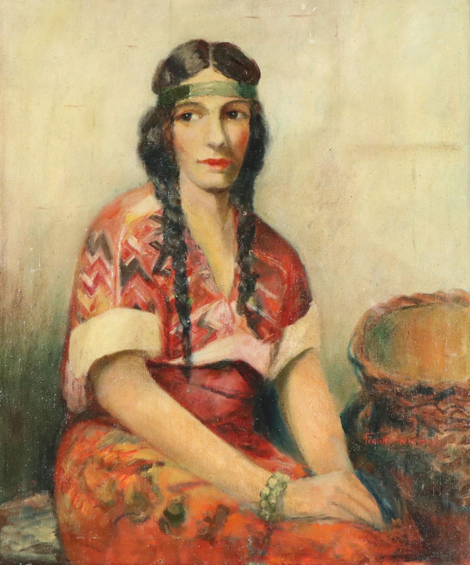Frank A. Wentland Oil Portrait Painting of Native American Woman, 1920s–1930s