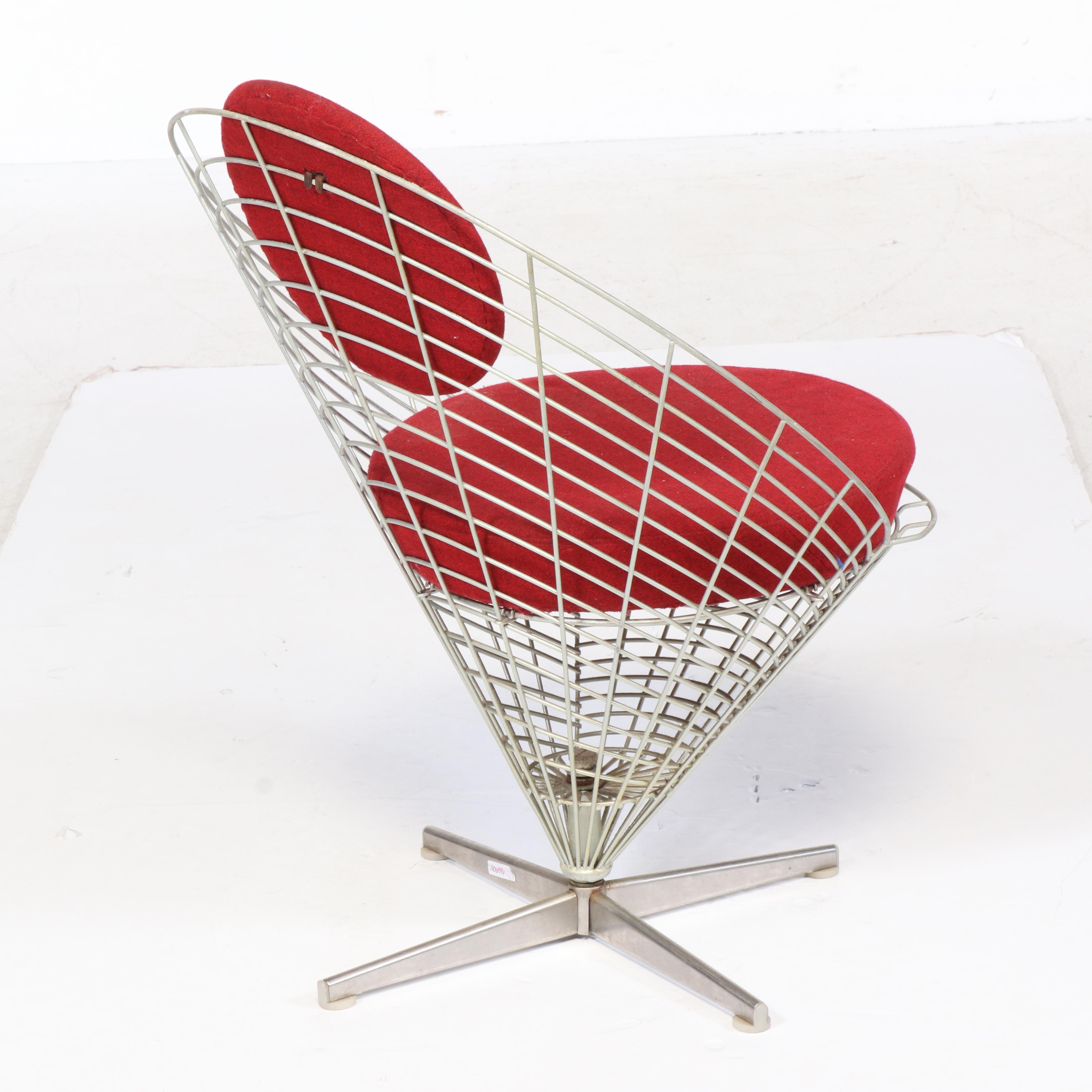 Verner Panton for Plus-Linje Wire Cone Chair with Red Cushions, circa 1960