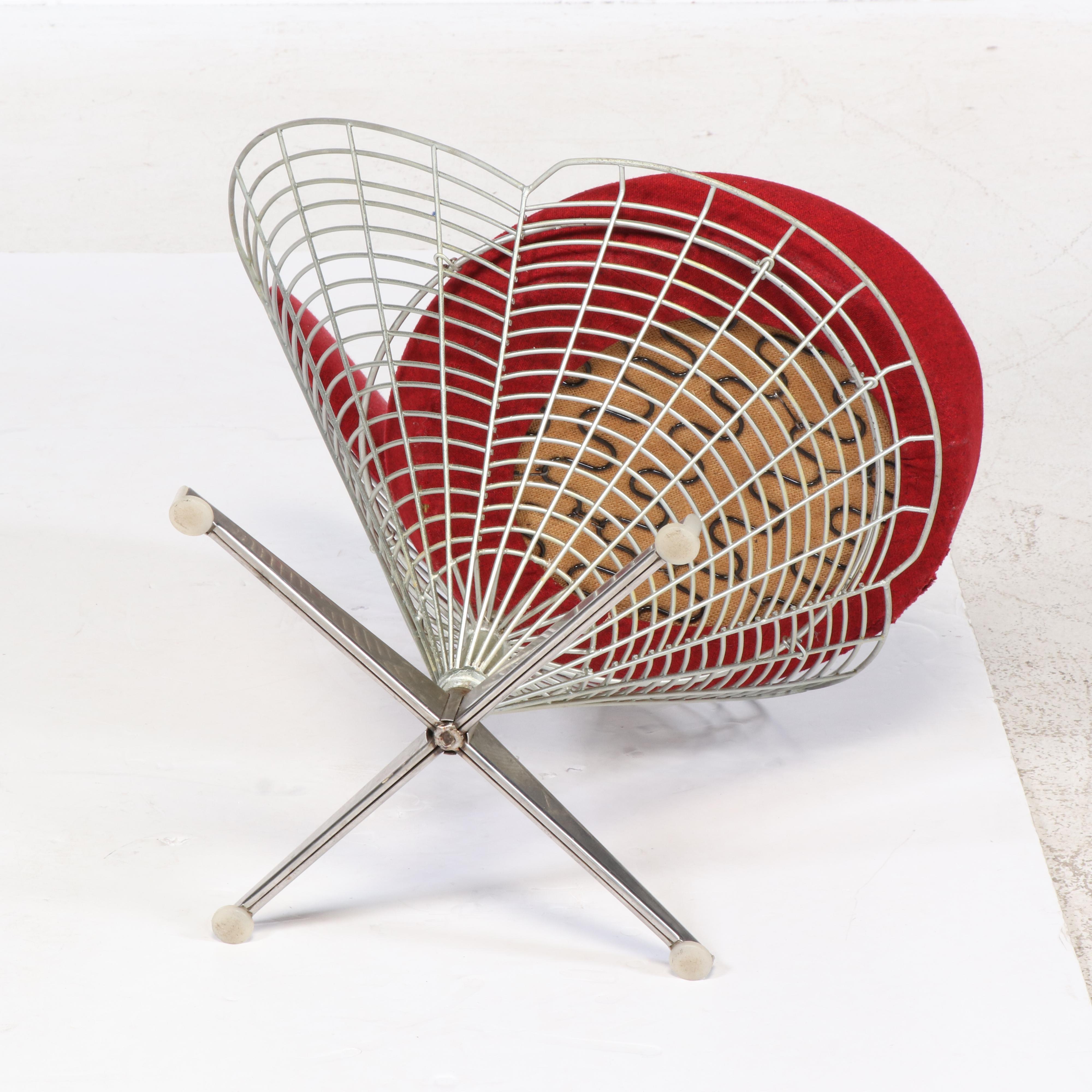 Verner Panton for Plus-Linje Wire Cone Chair with Red Cushions, circa 1960