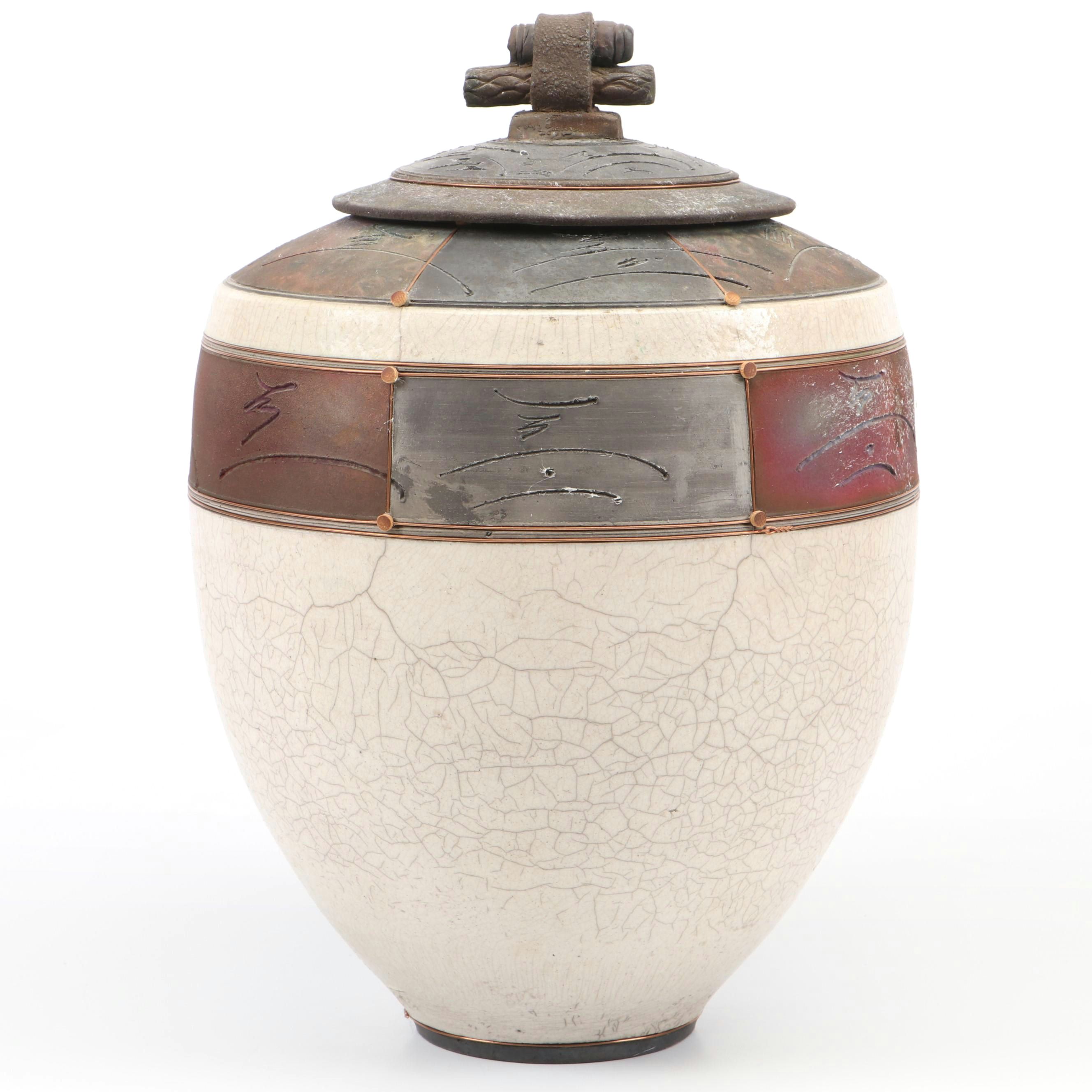 Handcrafted Art Pottery Raku Fired Ceramic, Metal and Wood Lidded Urn, 1988