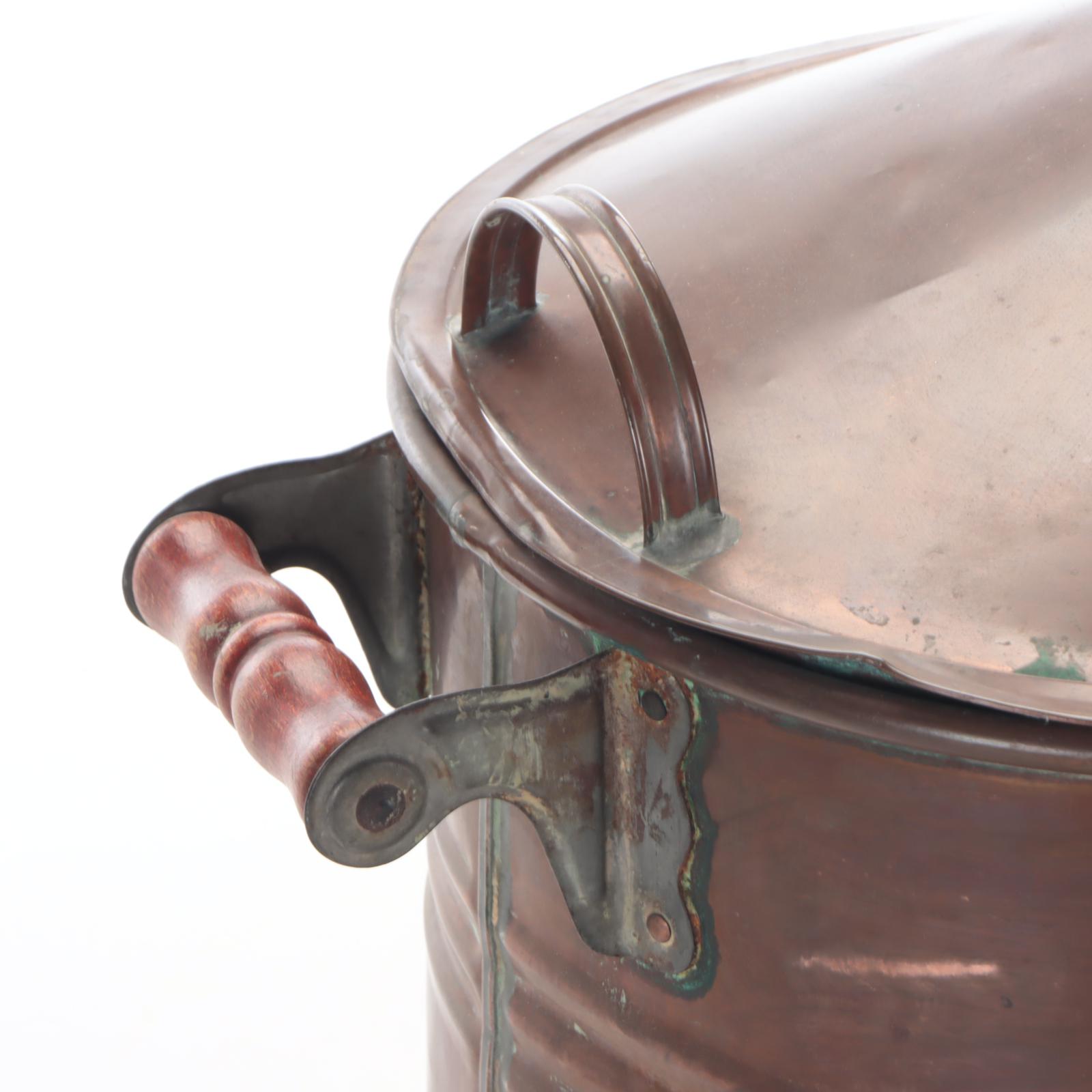 Copper Oval Wash Tub with Carved Wood Handles and Lid, Early 20th C.