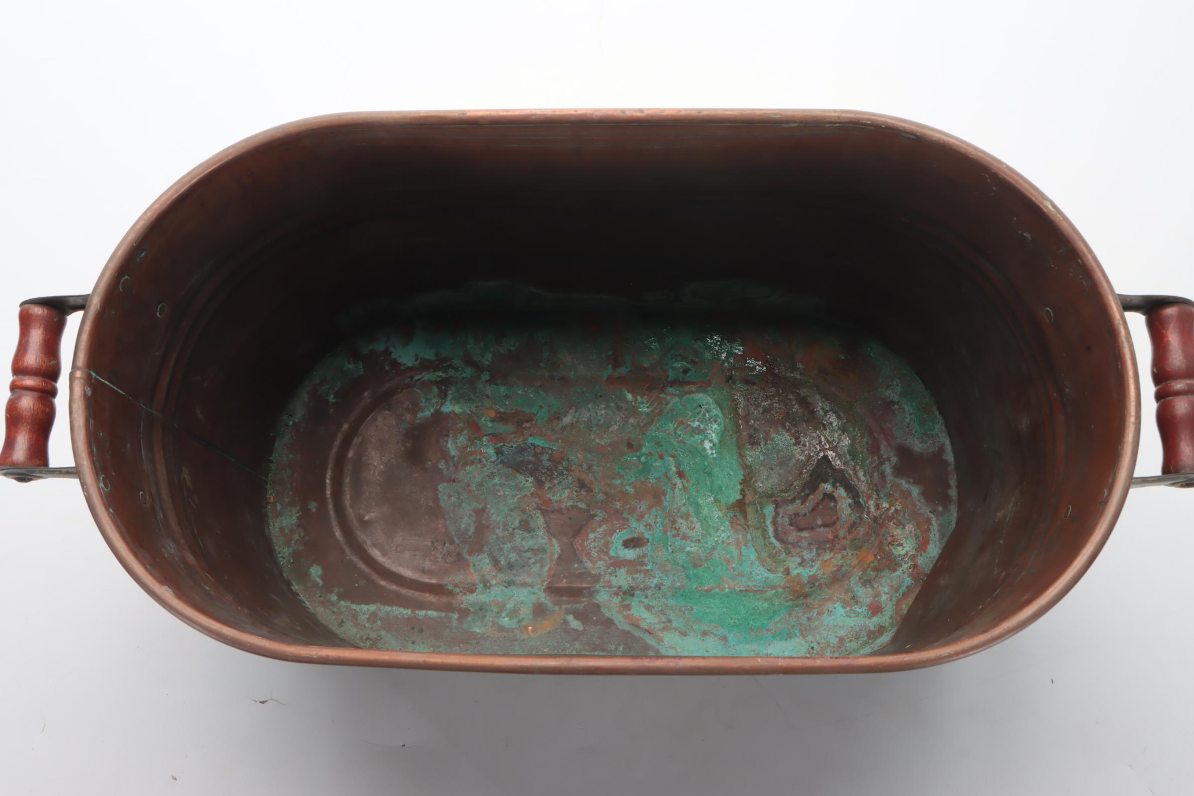 Copper Oval Wash Tub with Carved Wood Handles and Lid, Early 20th C.