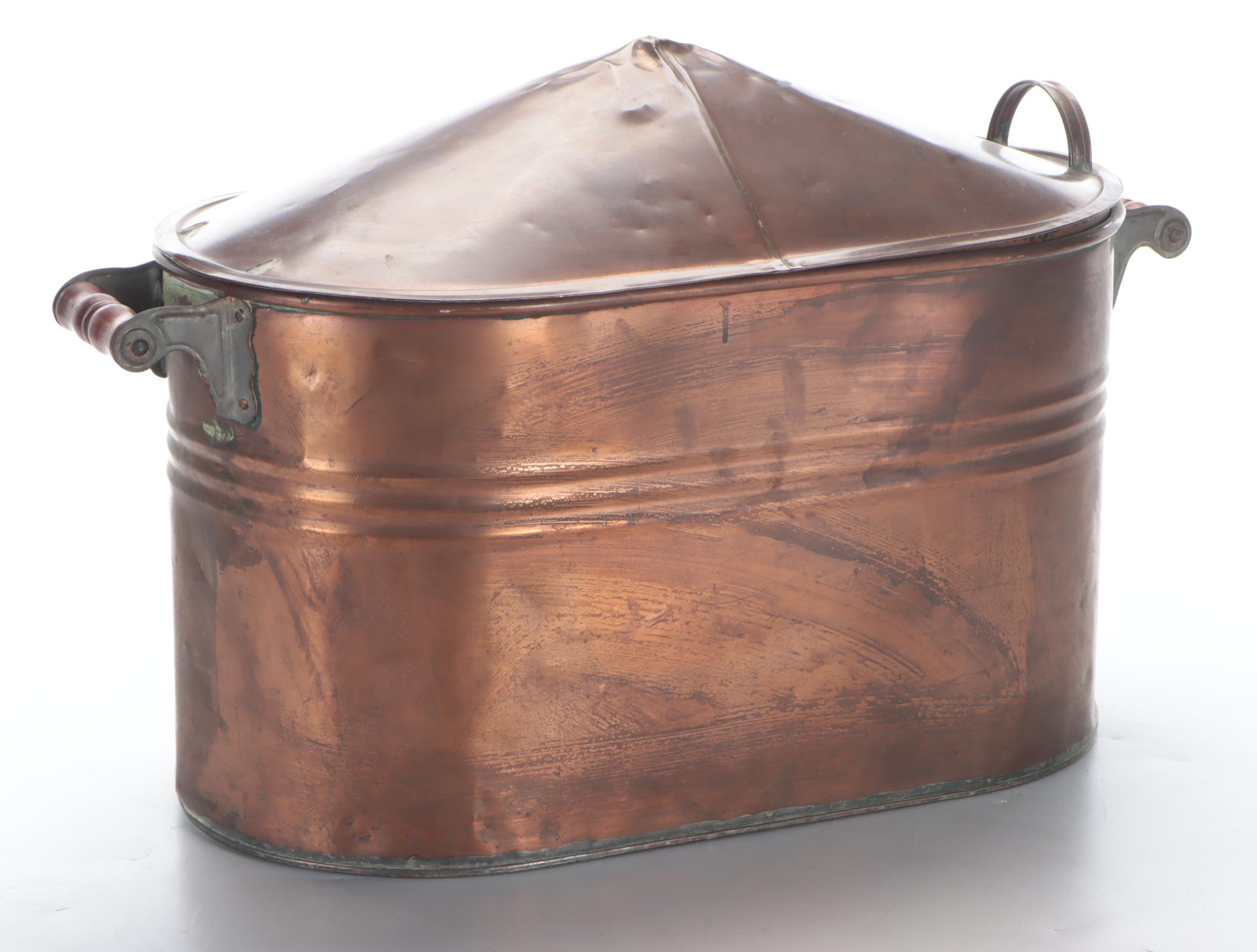 Copper Oval Wash Tub with Carved Wood Handles and Lid, Early 20th C.
