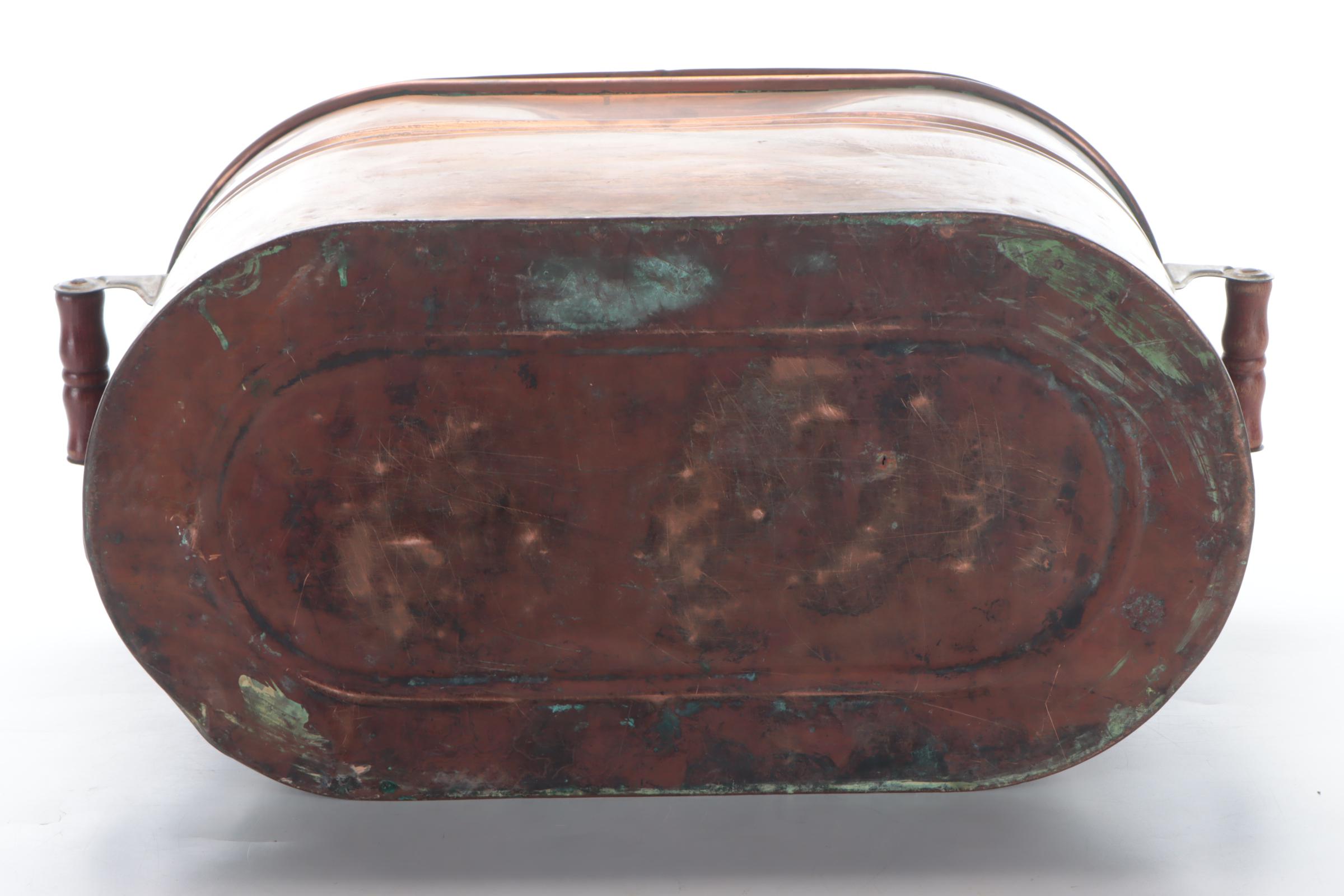 Copper Oval Wash Tub with Carved Wood Handles and Lid, Early 20th C.