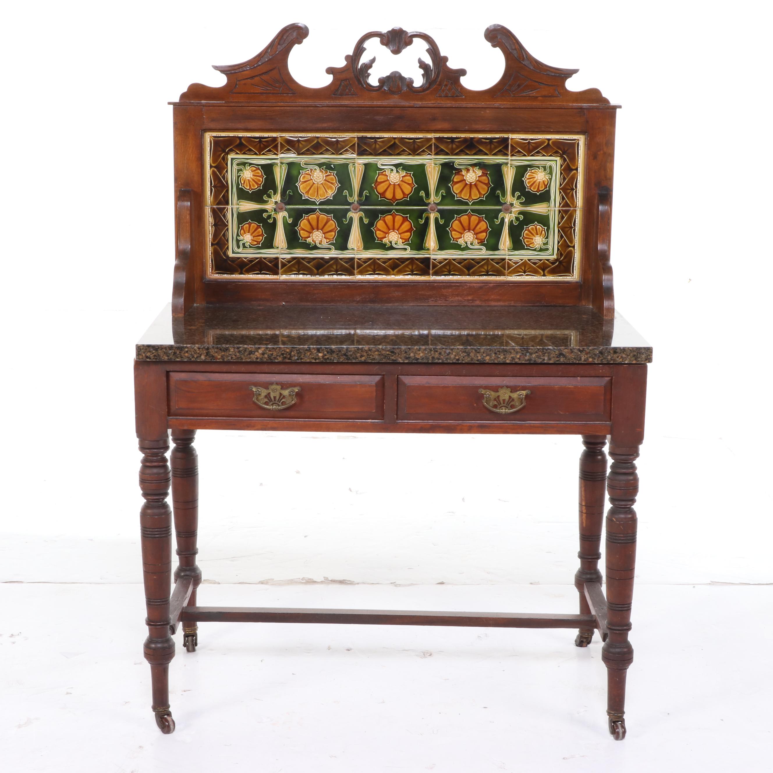 English Victorian Style Mahogany Washstand with Marble Top and Tile Backsplash