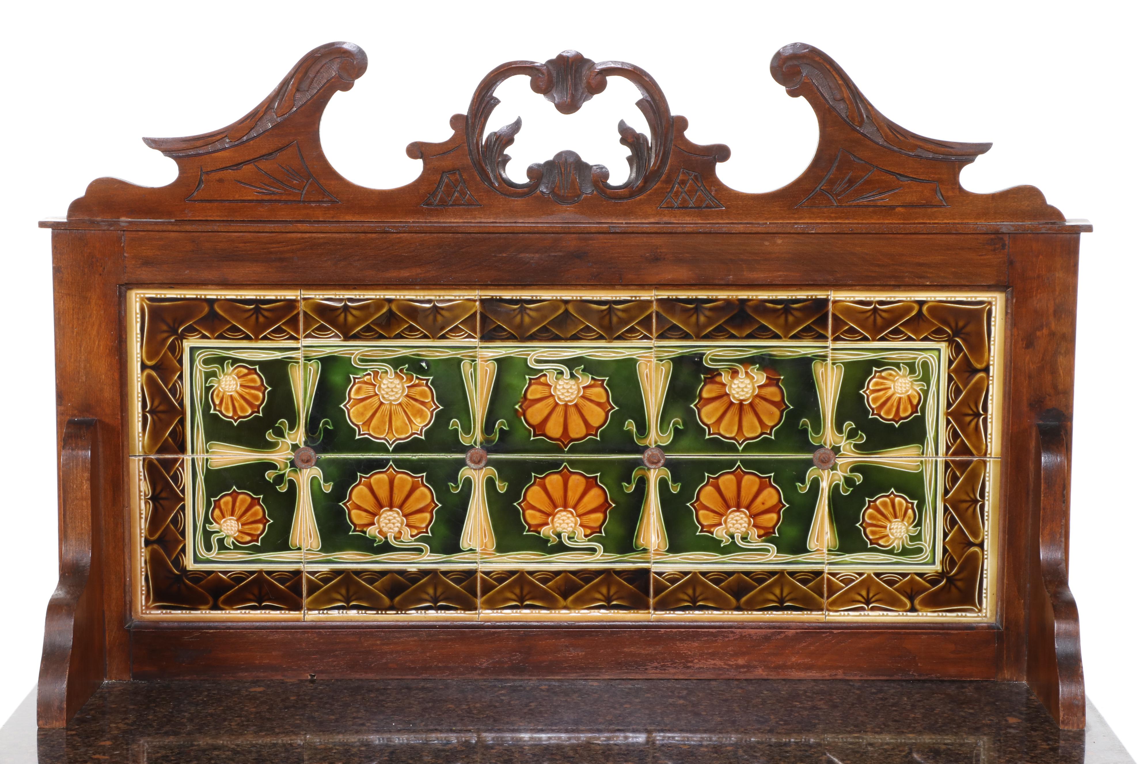 English Victorian Style Mahogany Washstand with Marble Top and Tile Backsplash