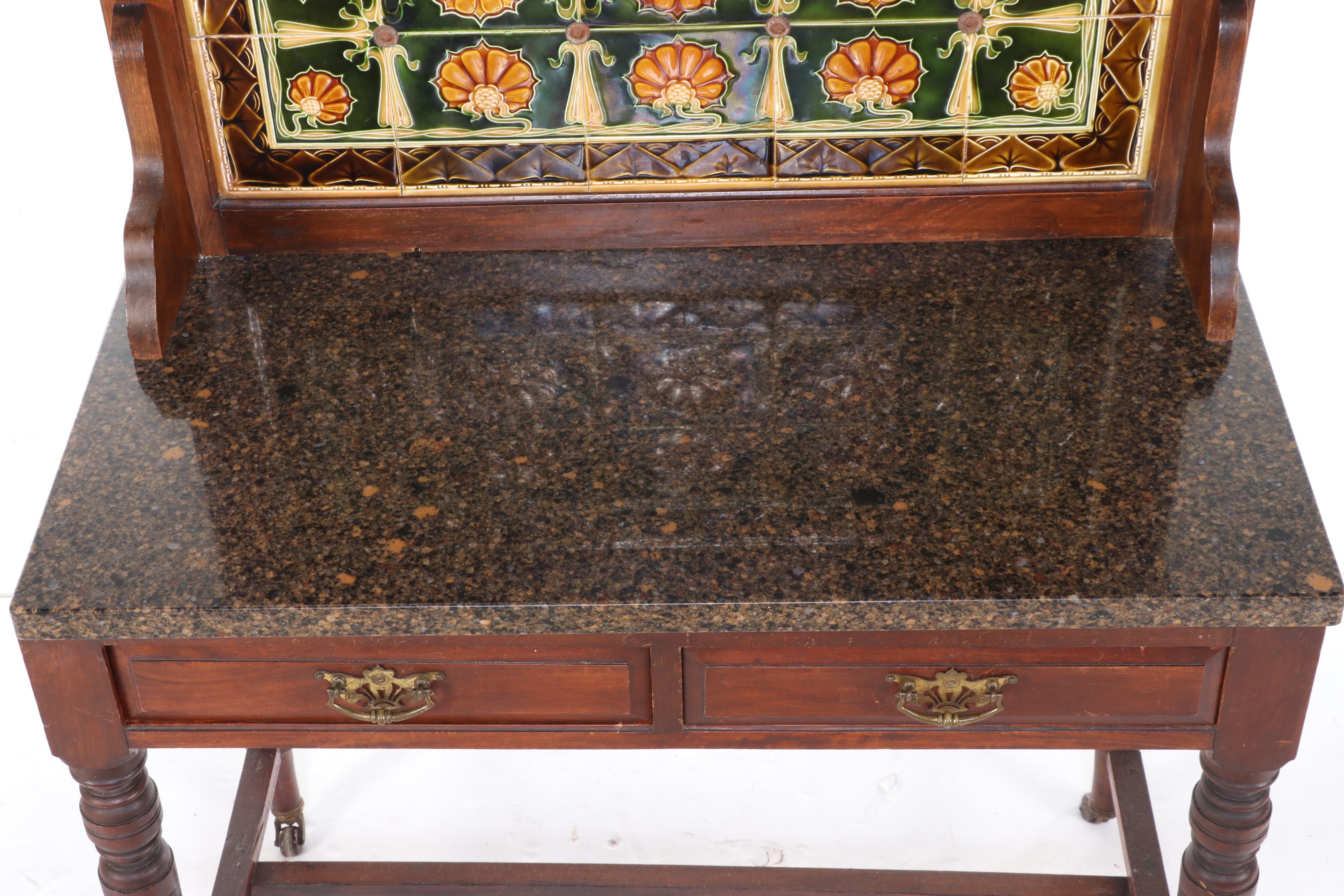 English Victorian Style Mahogany Washstand with Marble Top and Tile Backsplash