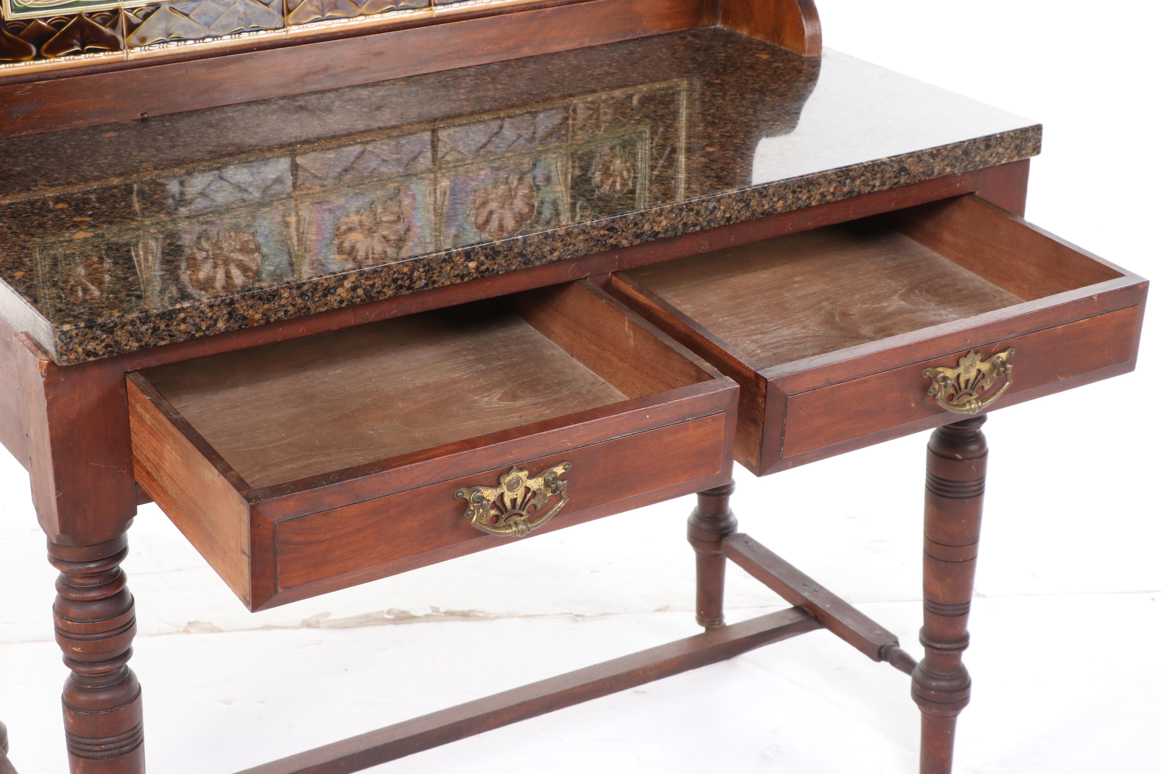 English Victorian Style Mahogany Washstand with Marble Top and Tile Backsplash