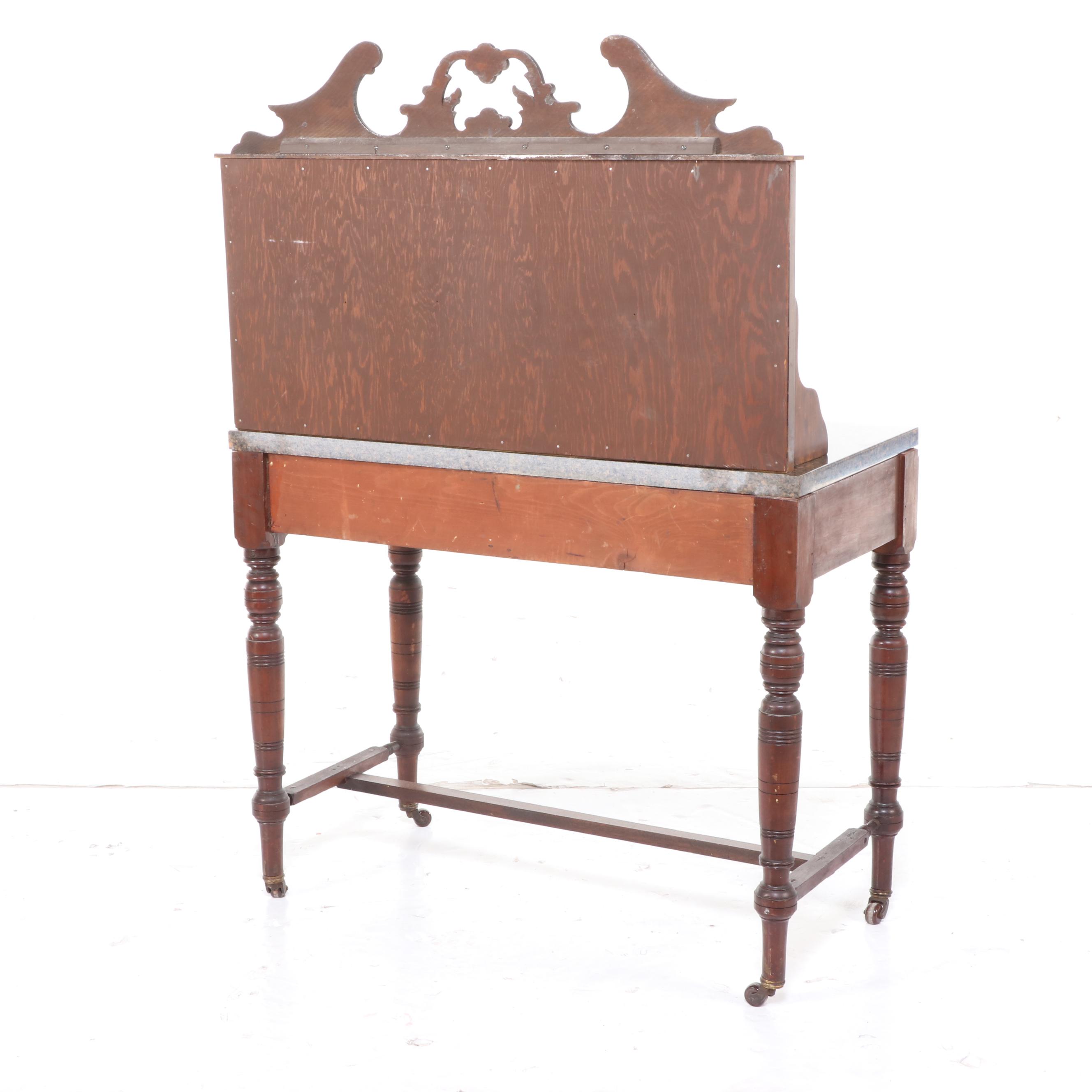 English Victorian Style Mahogany Washstand with Marble Top and Tile Backsplash