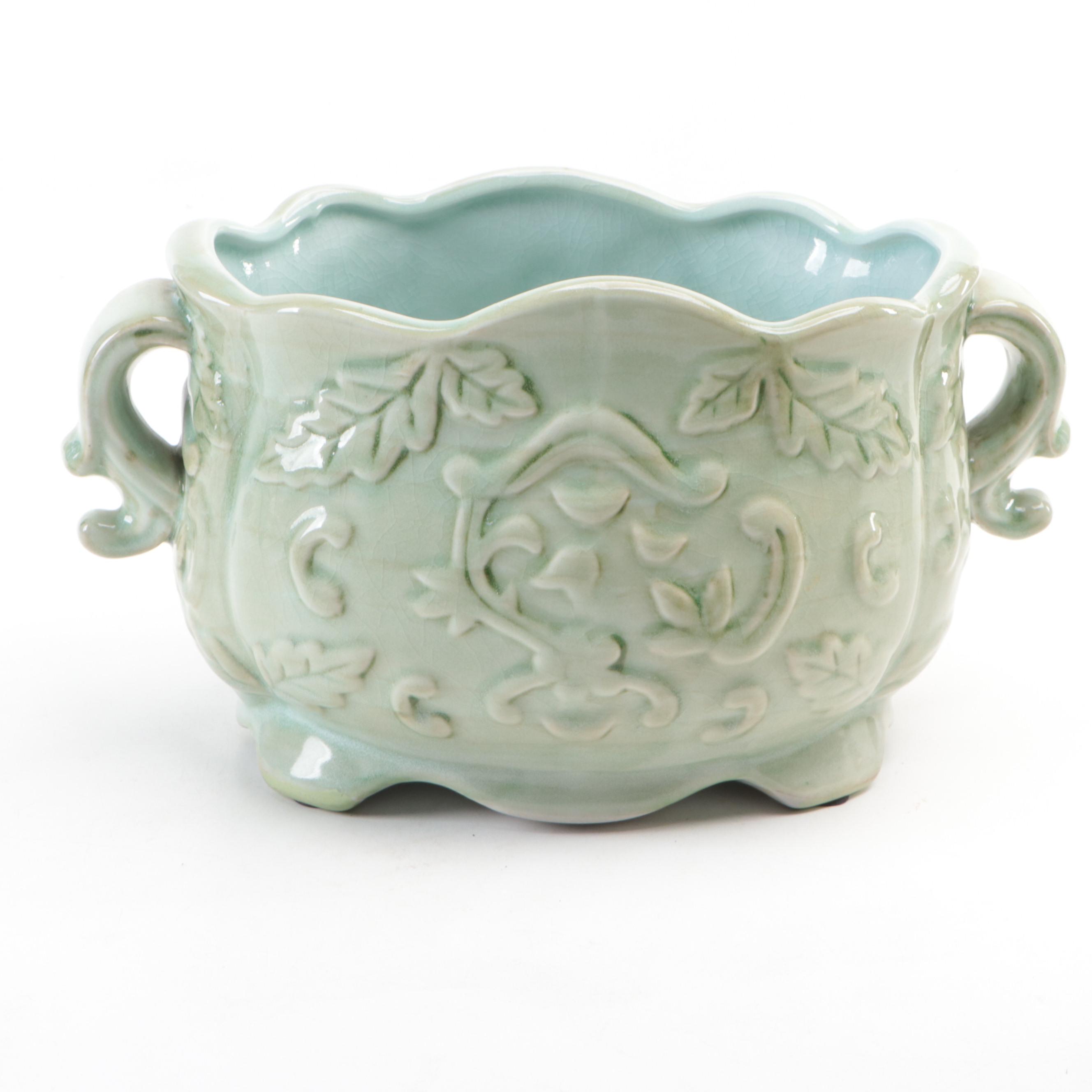 Hand-Painted Ceramic Planter with Crackle Green Glazed Planter, Vintage