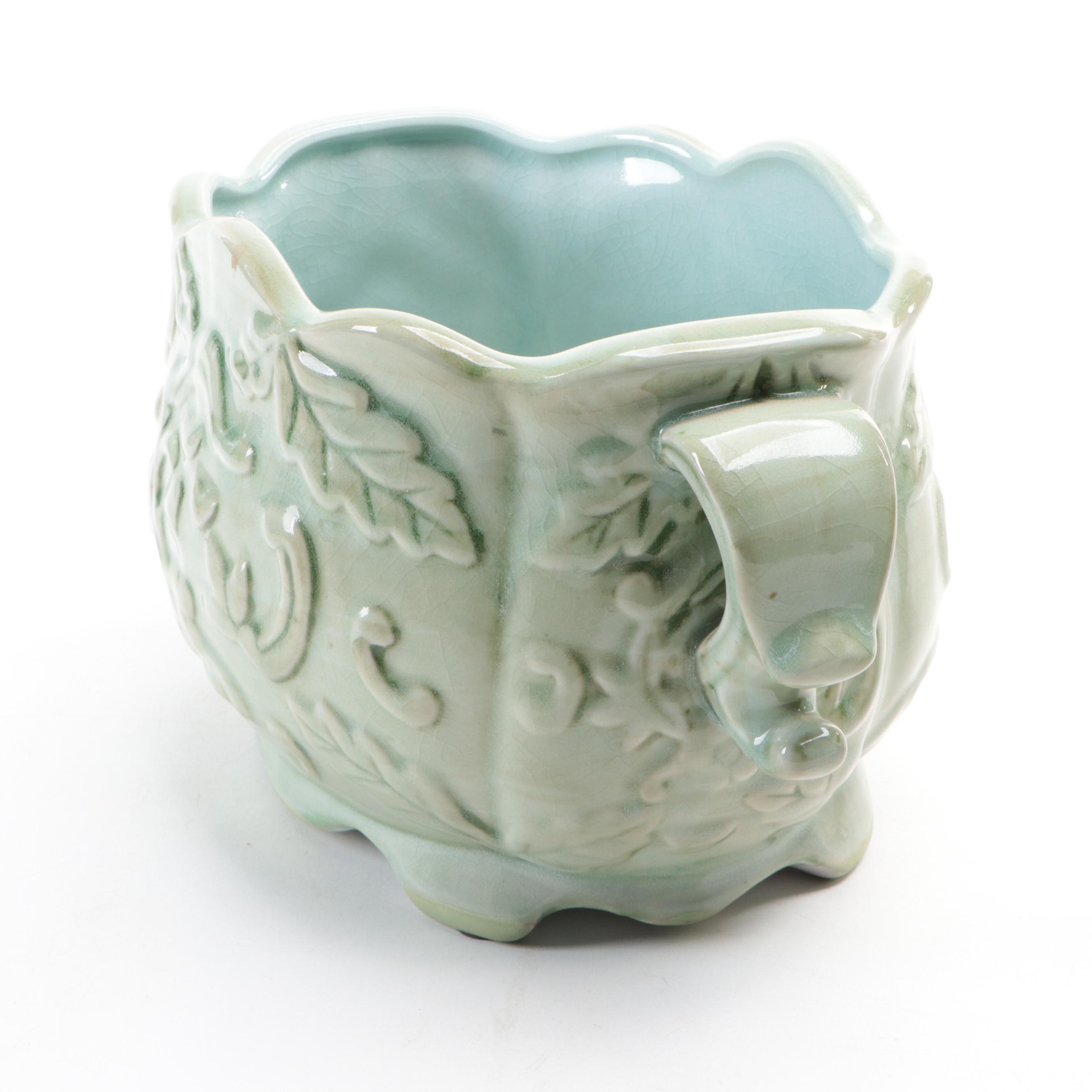 Hand-Painted Ceramic Planter with Crackle Green Glazed Planter, Vintage