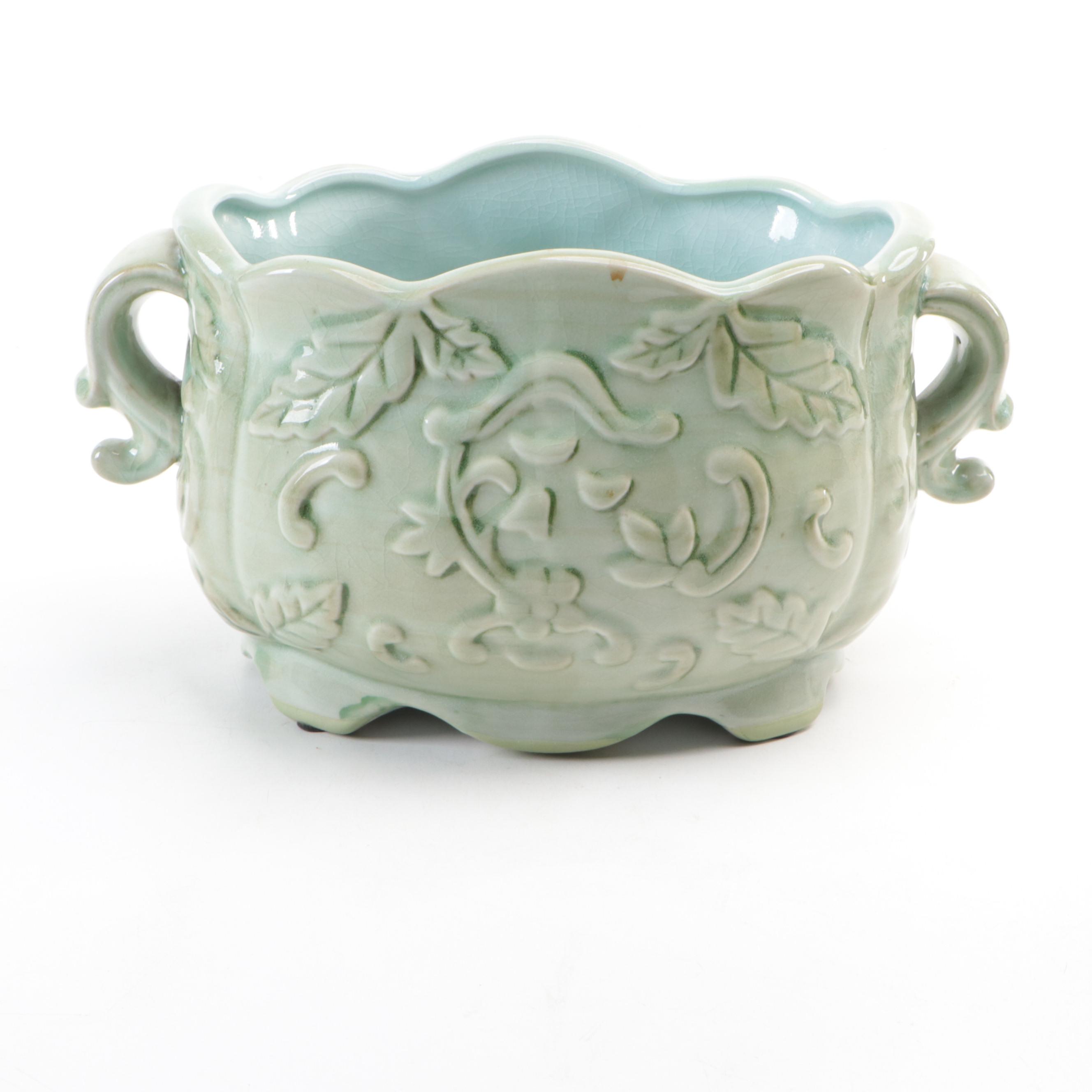 Hand-Painted Ceramic Planter with Crackle Green Glazed Planter, Vintage