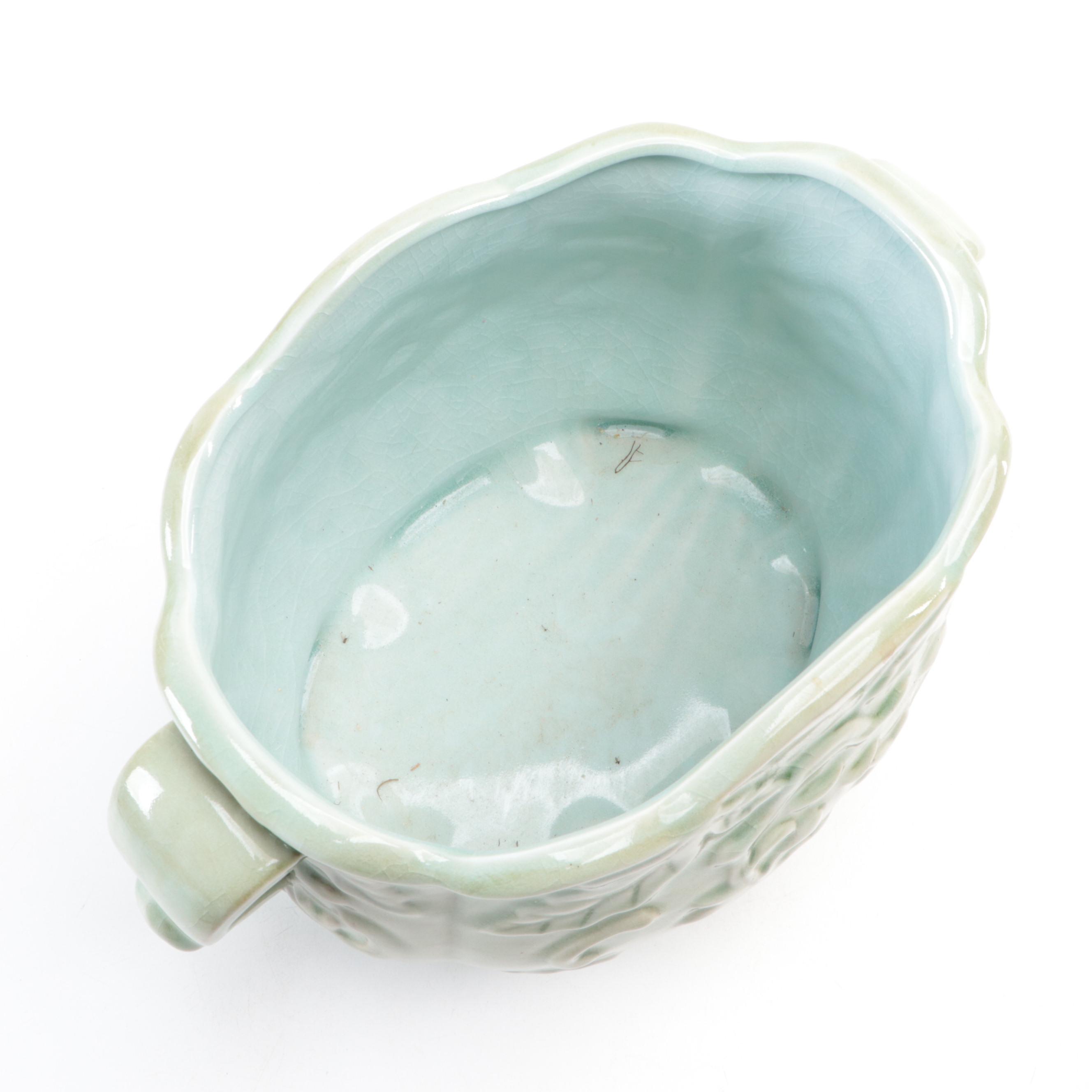 Hand-Painted Ceramic Planter with Crackle Green Glazed Planter, Vintage