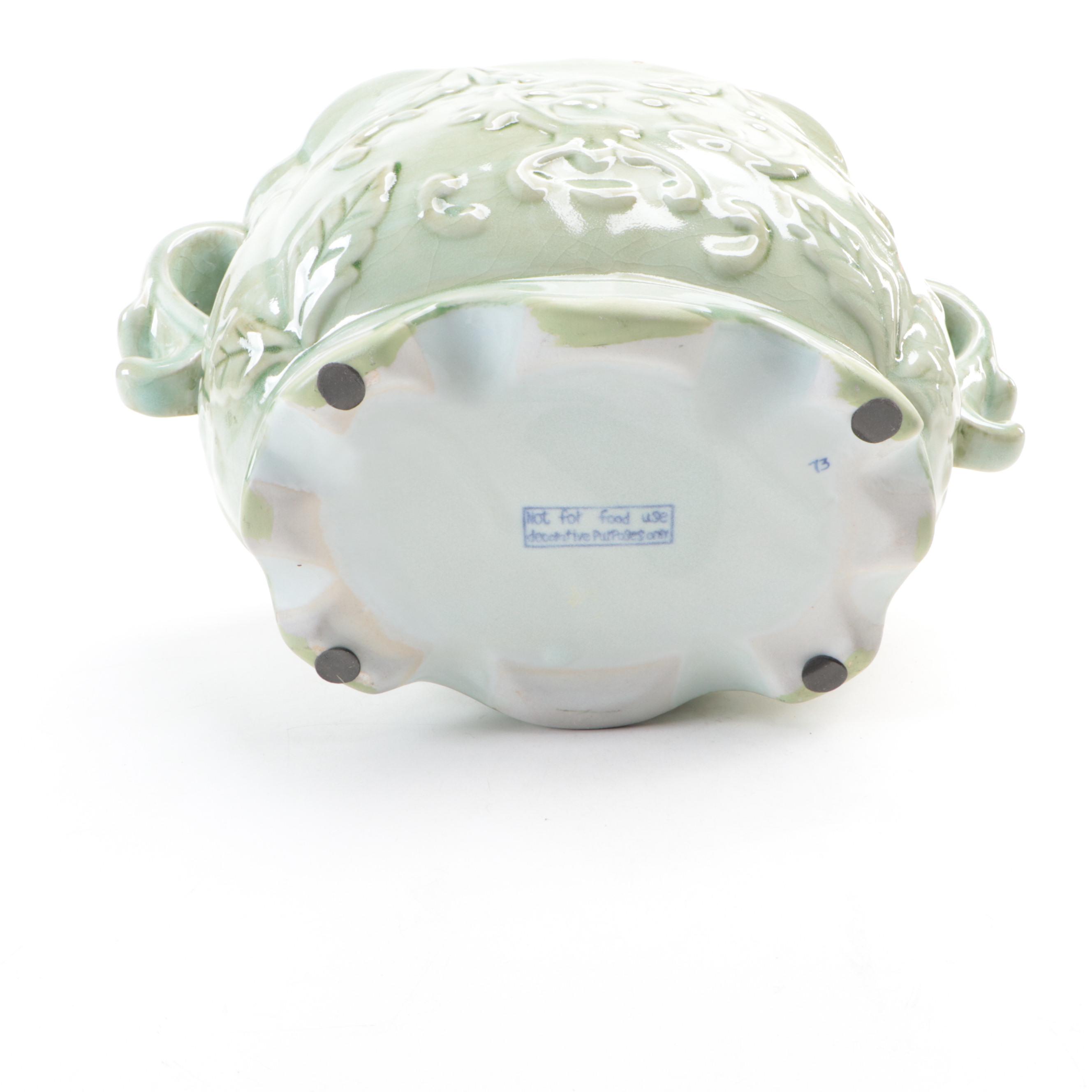 Hand-Painted Ceramic Planter with Crackle Green Glazed Planter, Vintage