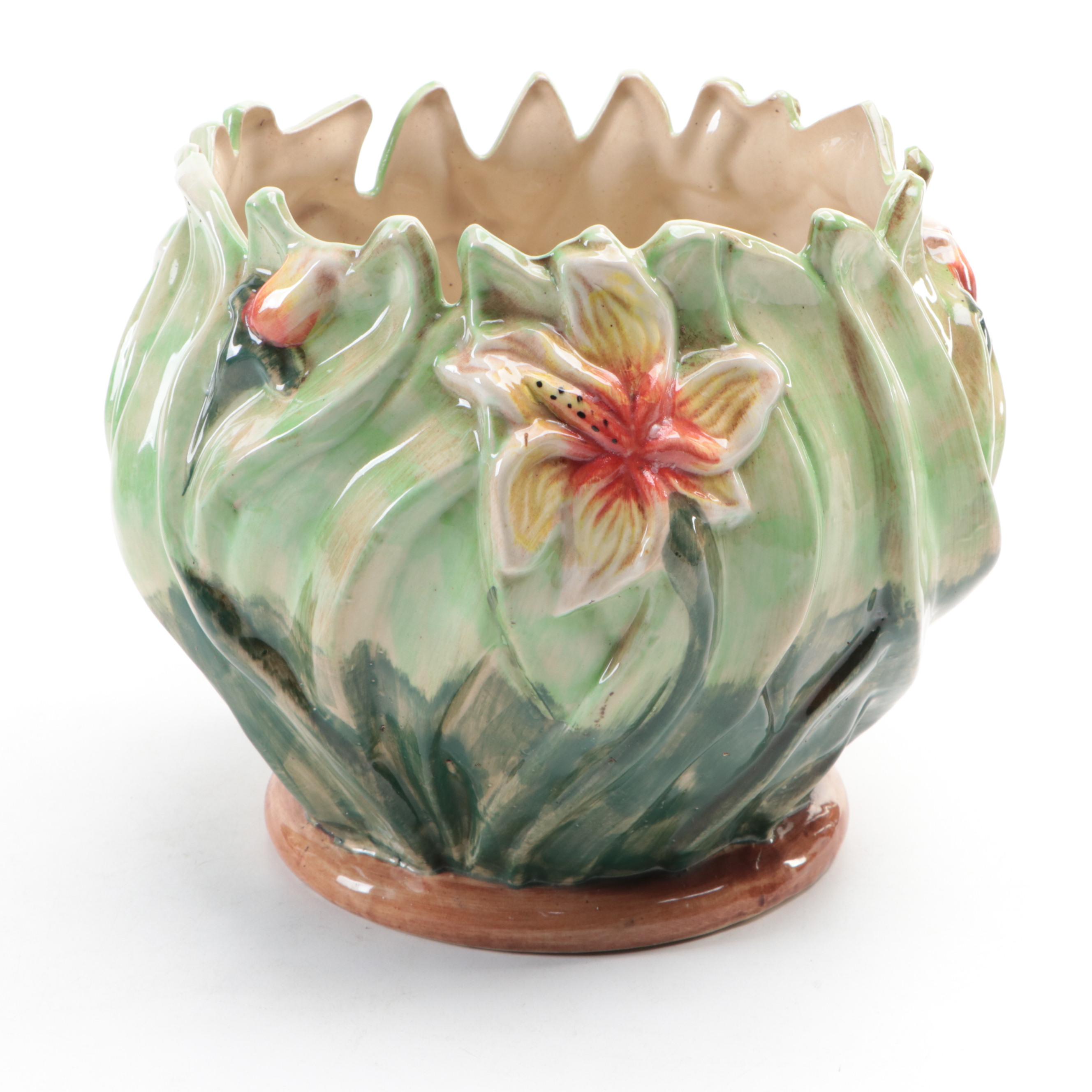 Hand-Painted Ceramic Planter with Crackle Green Glazed Planter, Vintage