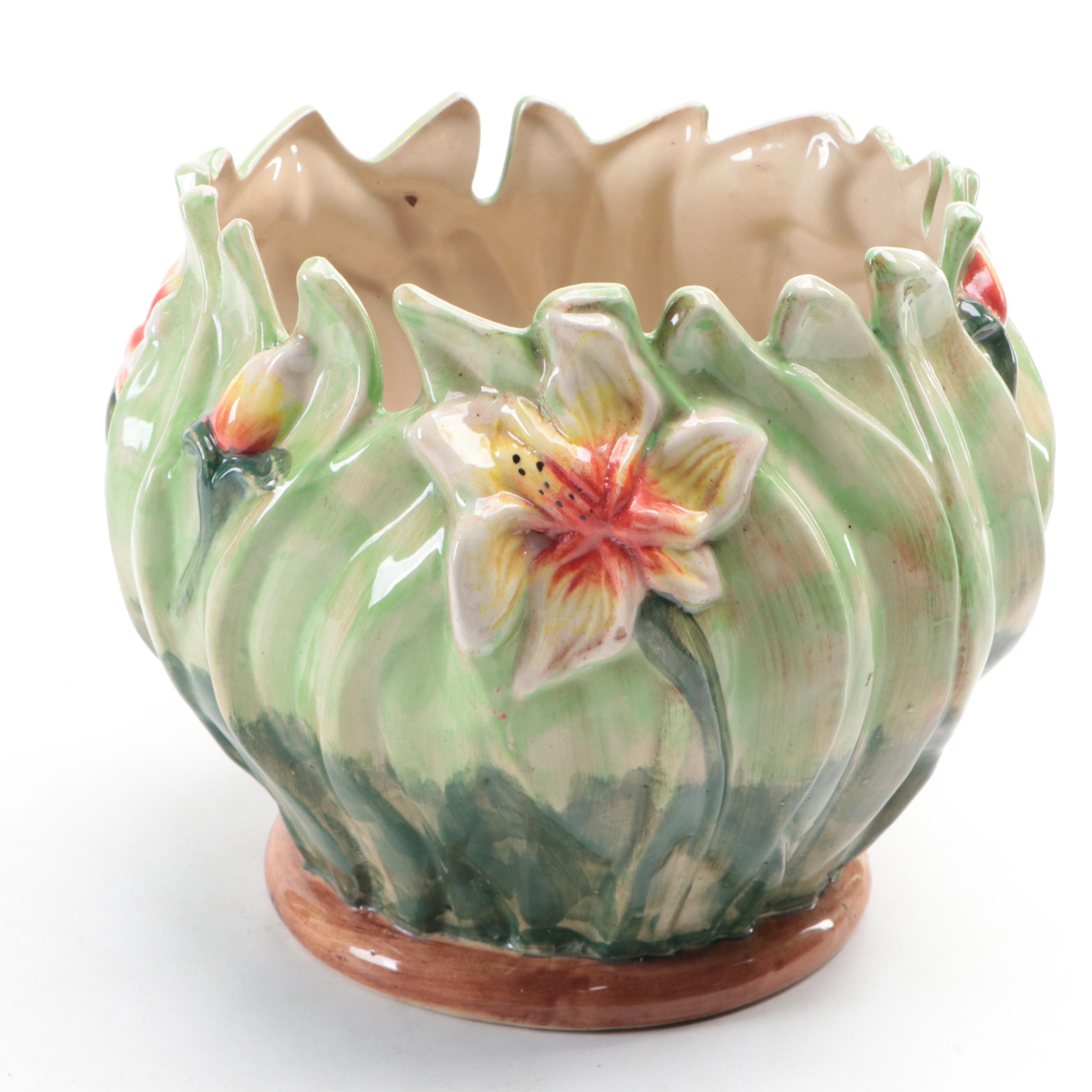 Hand-Painted Ceramic Planter with Crackle Green Glazed Planter, Vintage