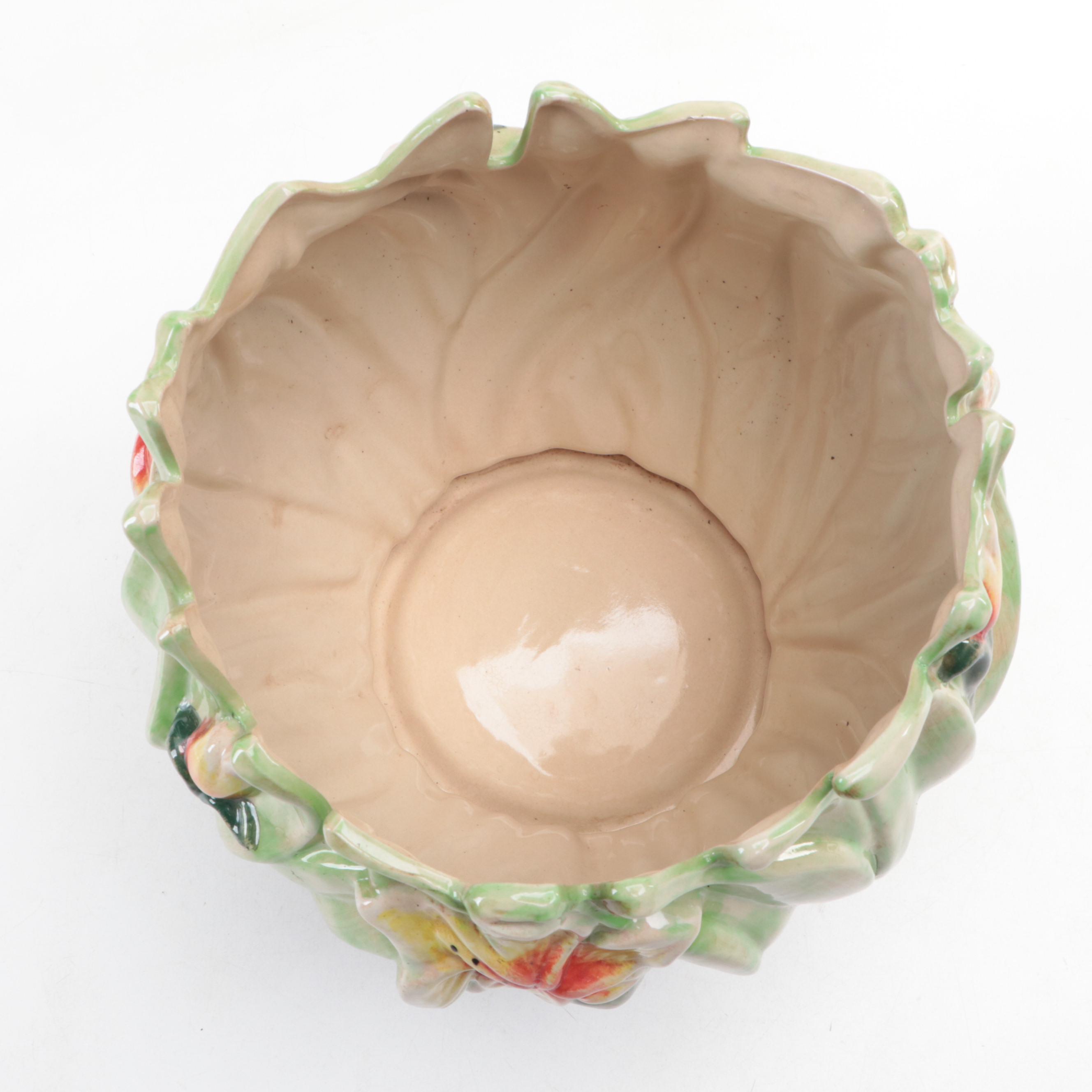 Hand-Painted Ceramic Planter with Crackle Green Glazed Planter, Vintage