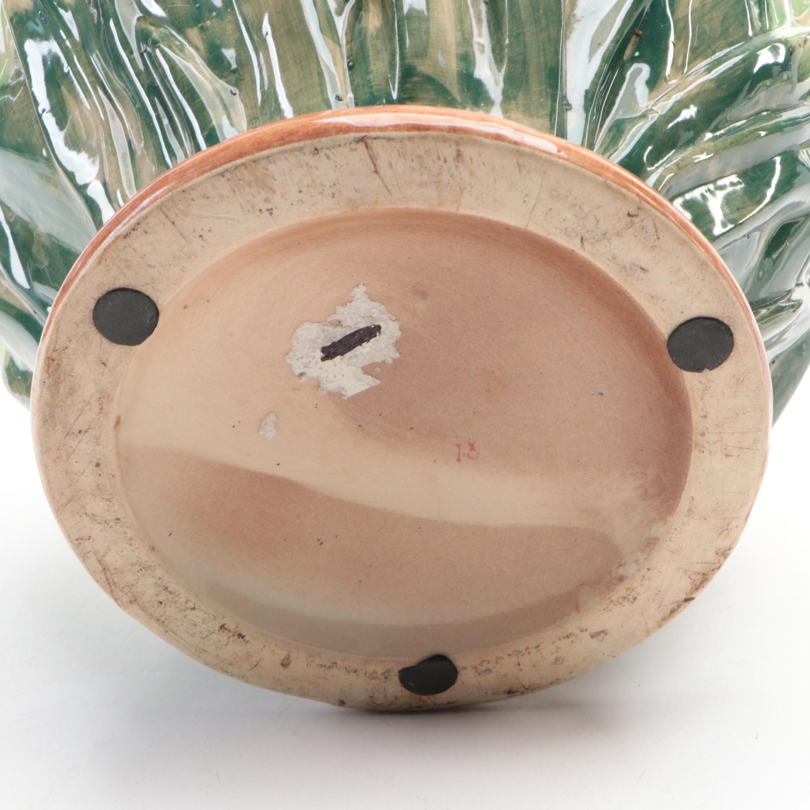 Hand-Painted Ceramic Planter with Crackle Green Glazed Planter, Vintage