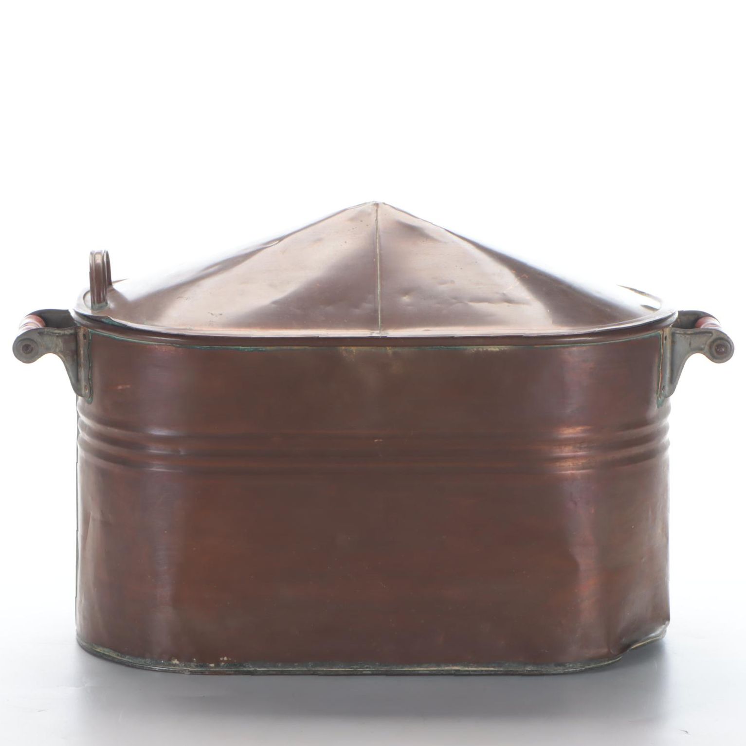 Copper Oval Wash Tub with Carved Wood Handles and Lid, Early 20th C.