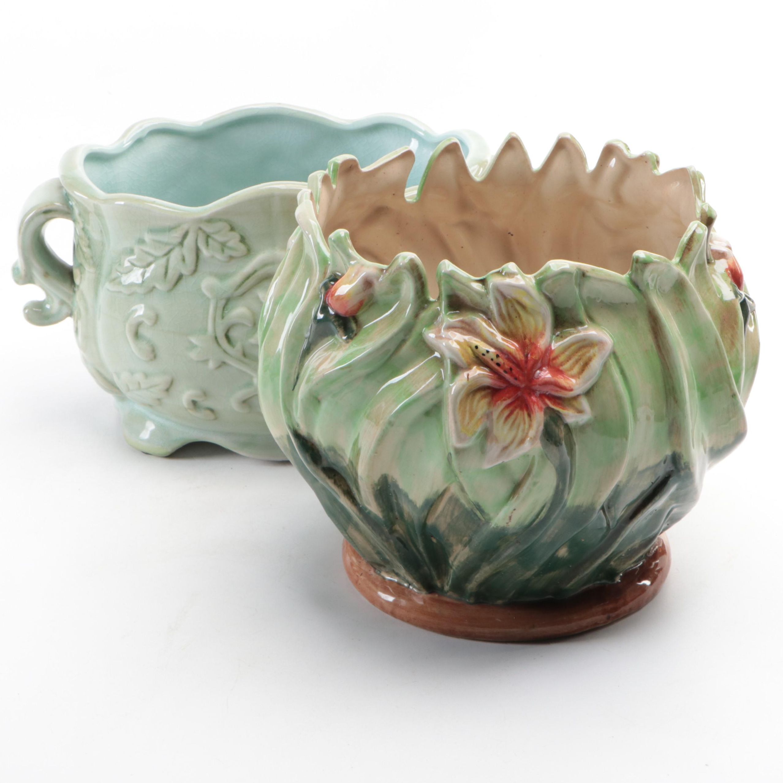 Hand-Painted Ceramic Planter with Crackle Green Glazed Planter, Vintage