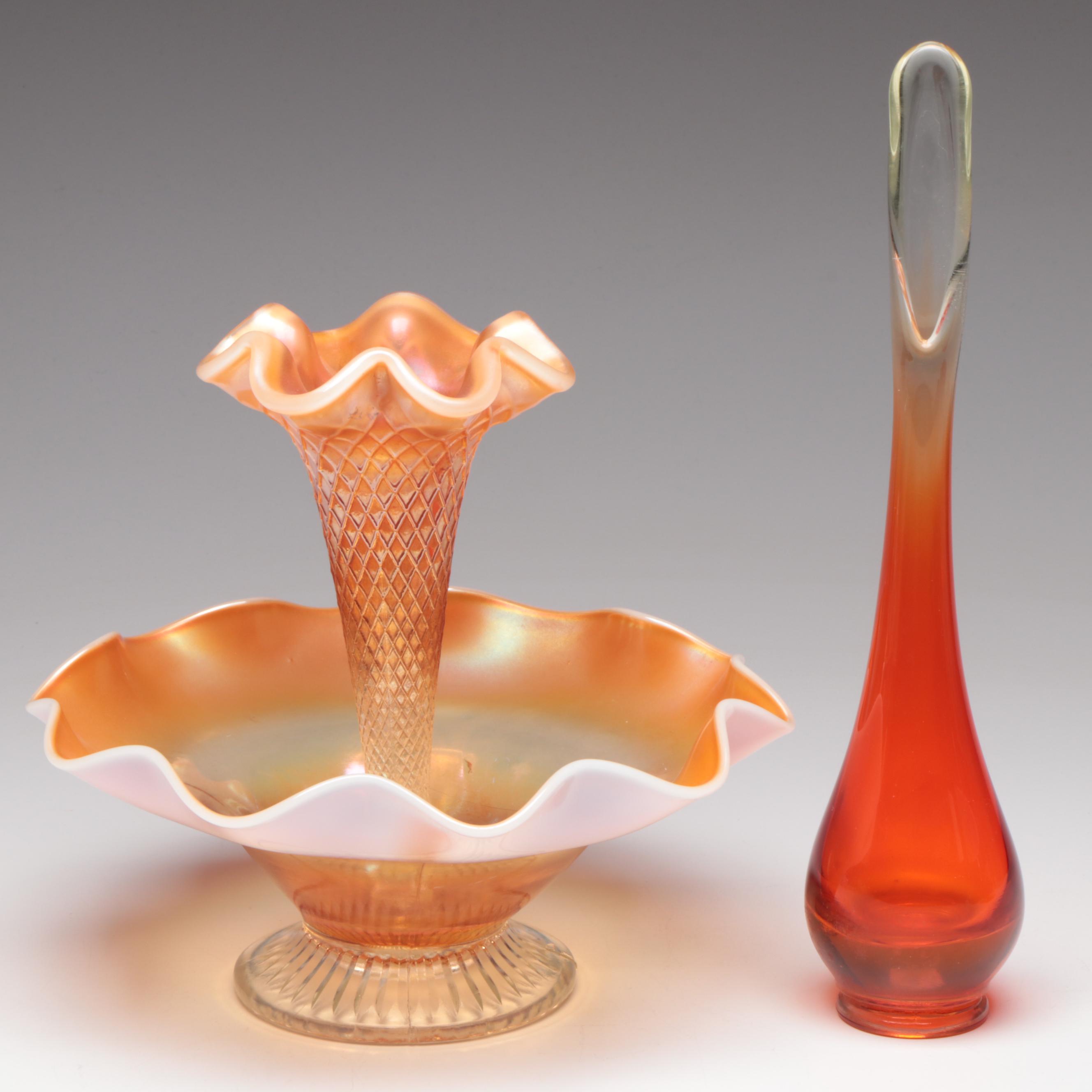Dugan Carnival Glass Epergne with Bischoff Glass Bowl and More