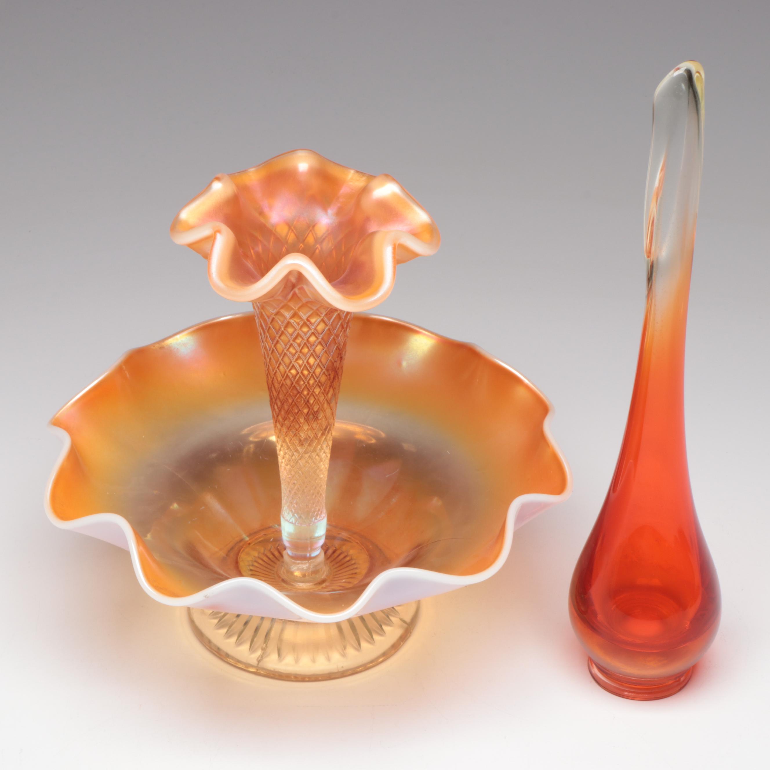 Dugan Carnival Glass Epergne with Bischoff Glass Bowl and More