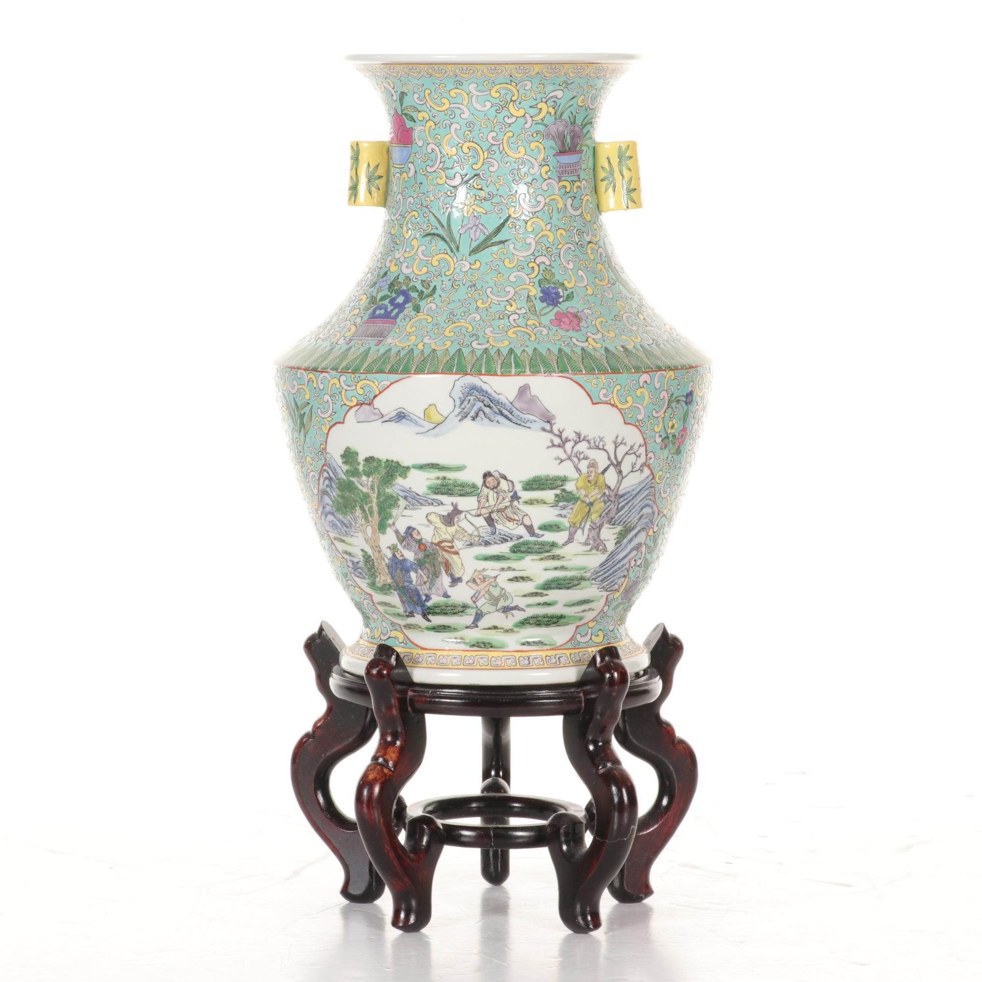 Chinese Famille Vert Porcelain Vase with Carved Wood Stand