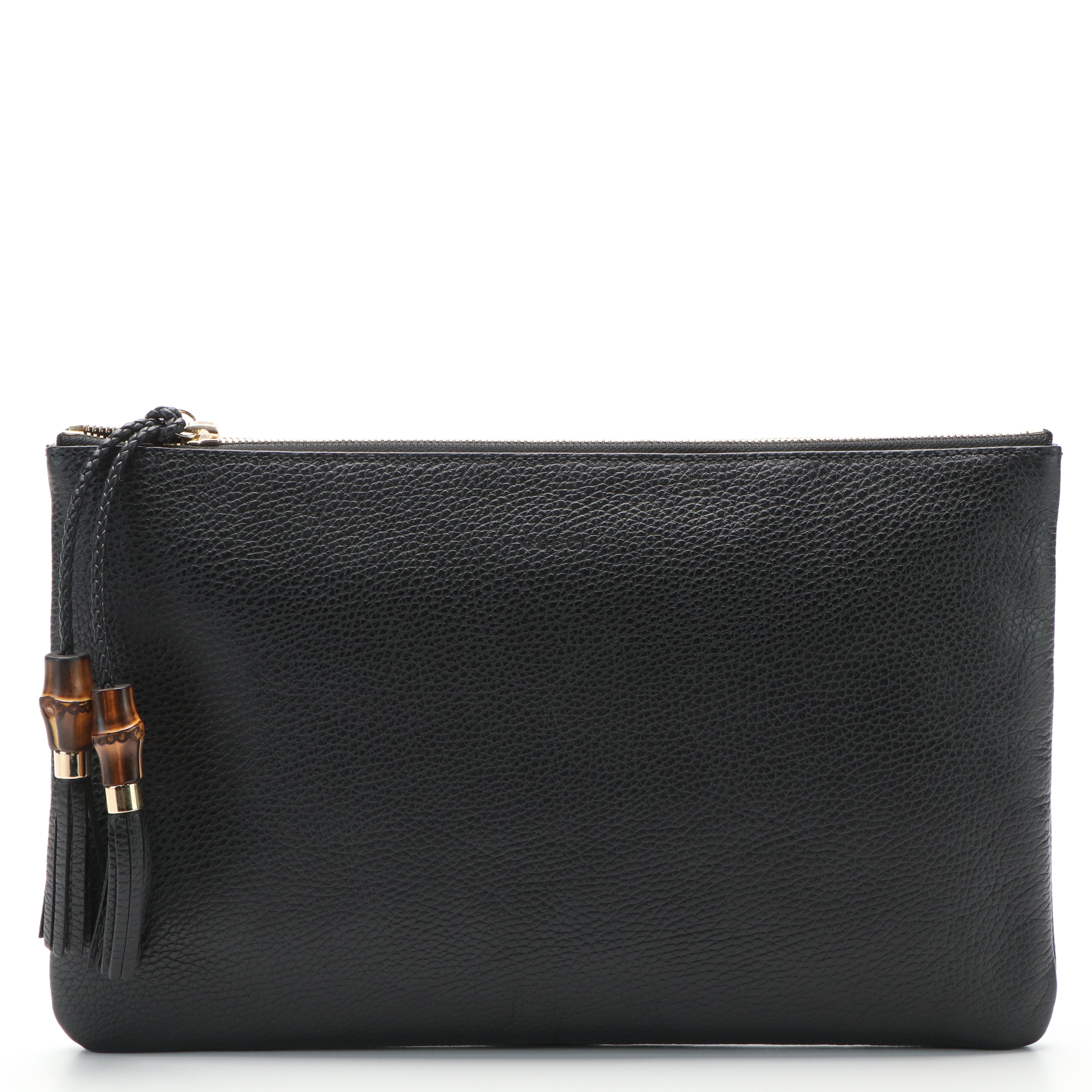 Gucci Bamboo Tassel Clutch Bag in Black Pebbled Leather