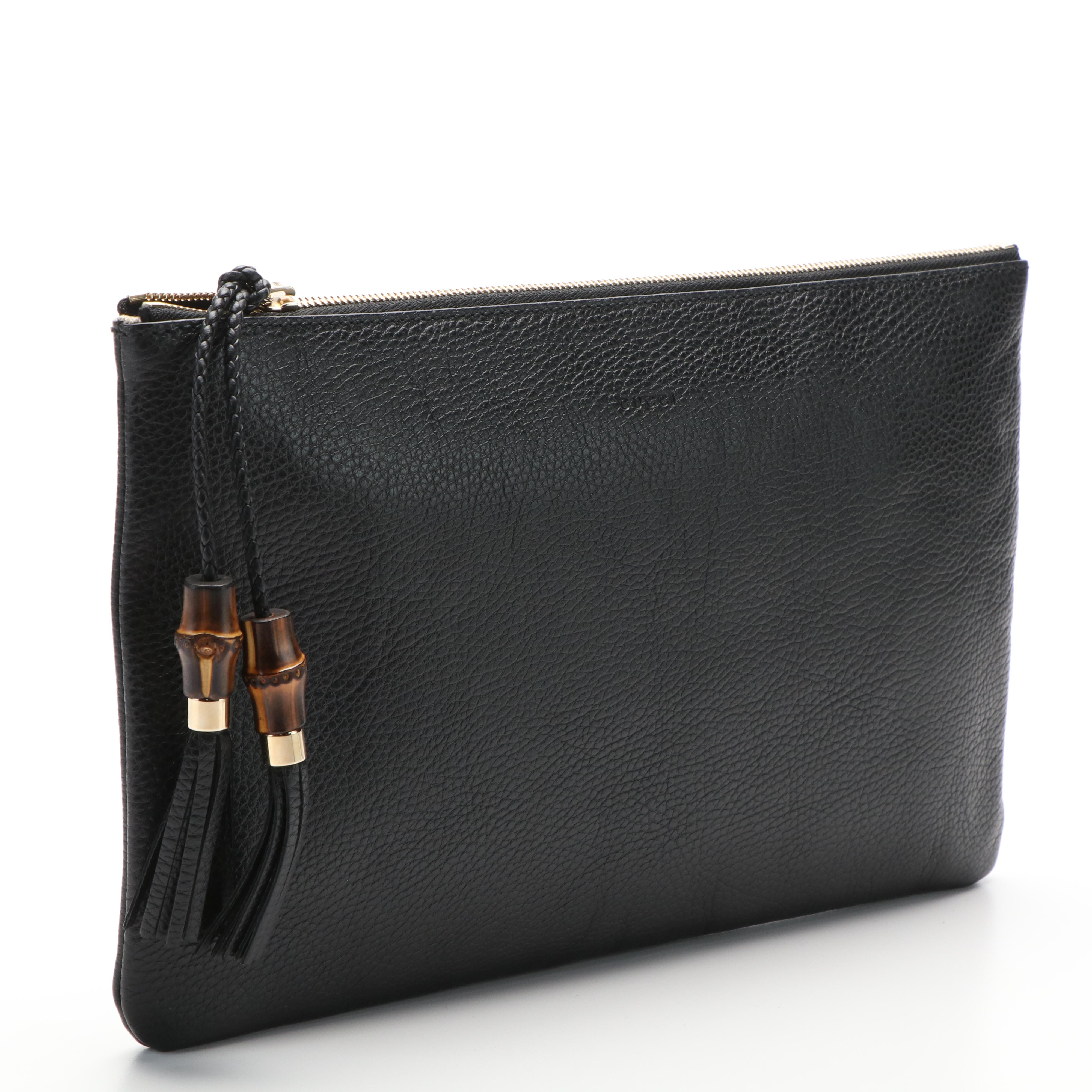 Gucci Bamboo Tassel Clutch Bag in Black Pebbled Leather
