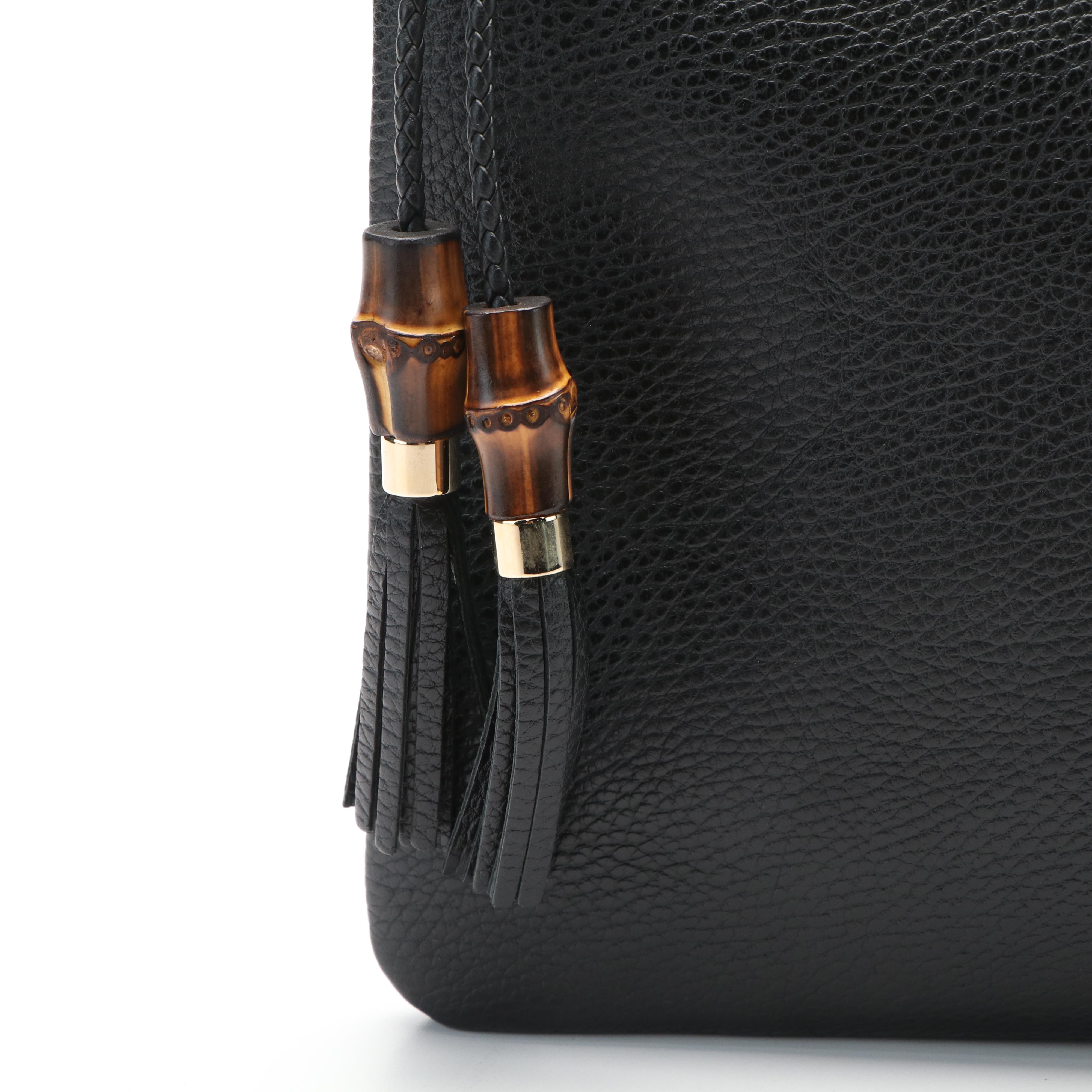 Gucci Bamboo Tassel Clutch Bag in Black Pebbled Leather