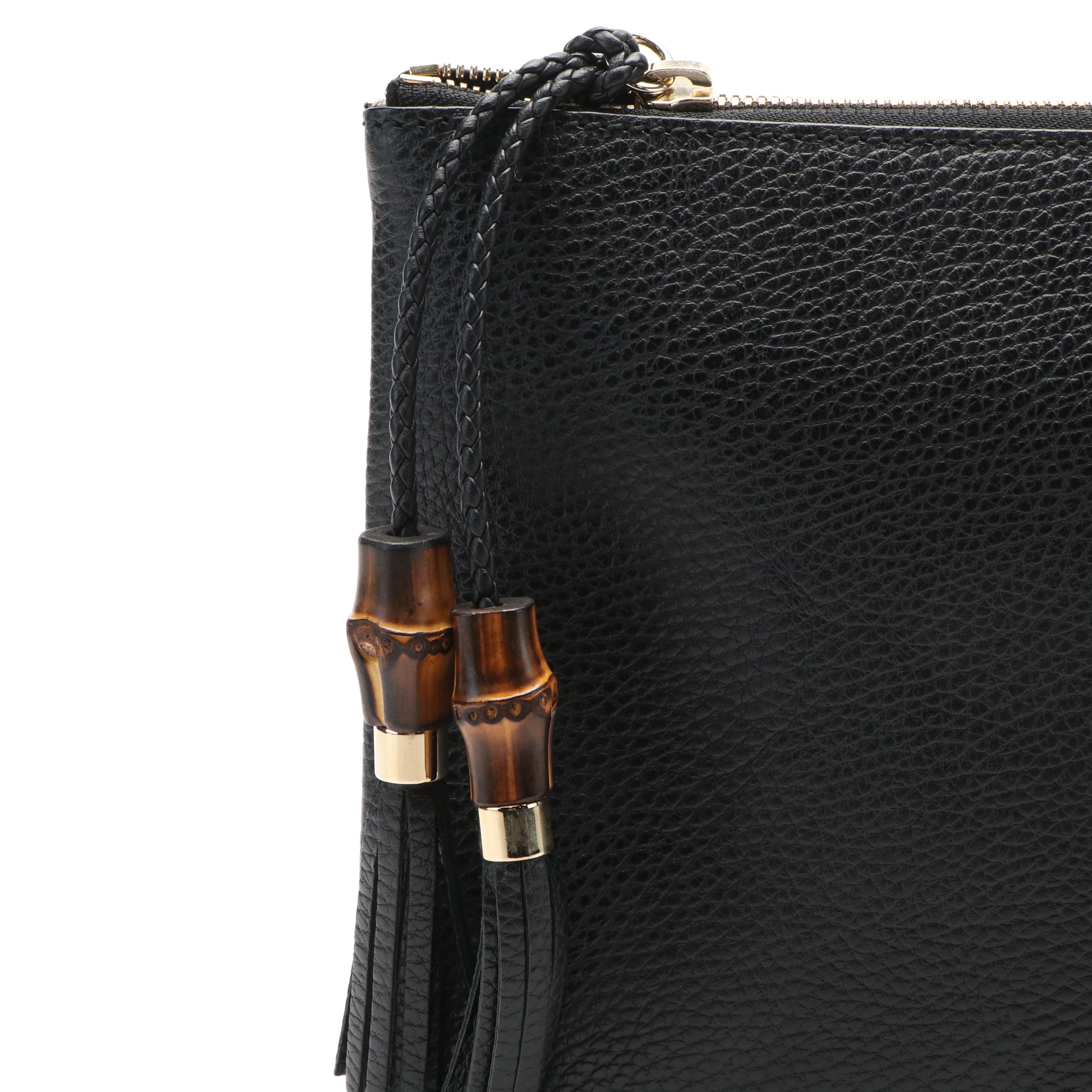 Gucci Bamboo Tassel Clutch Bag in Black Pebbled Leather