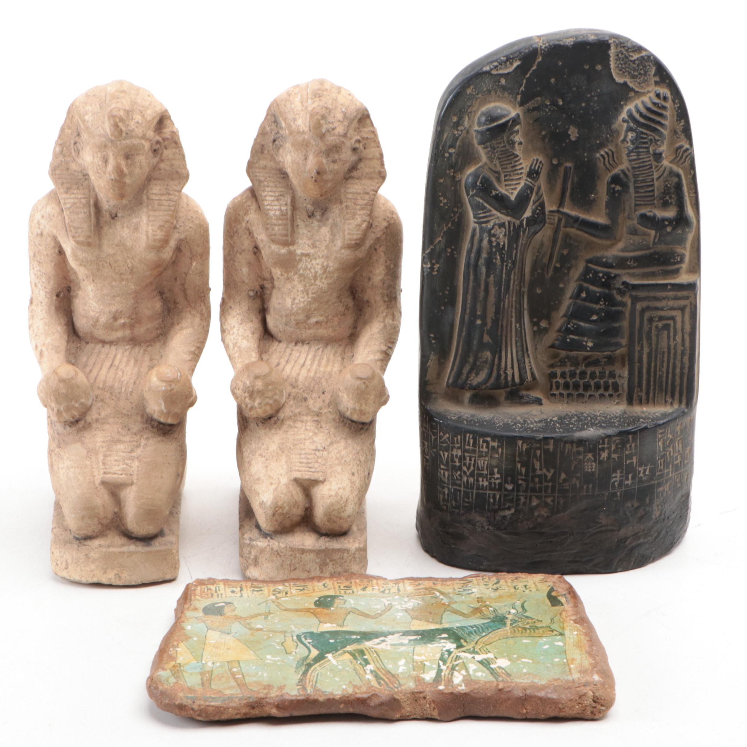 Decorative Code of Hammurabi Tablet with Egyptian Figurines and Tomb Painting