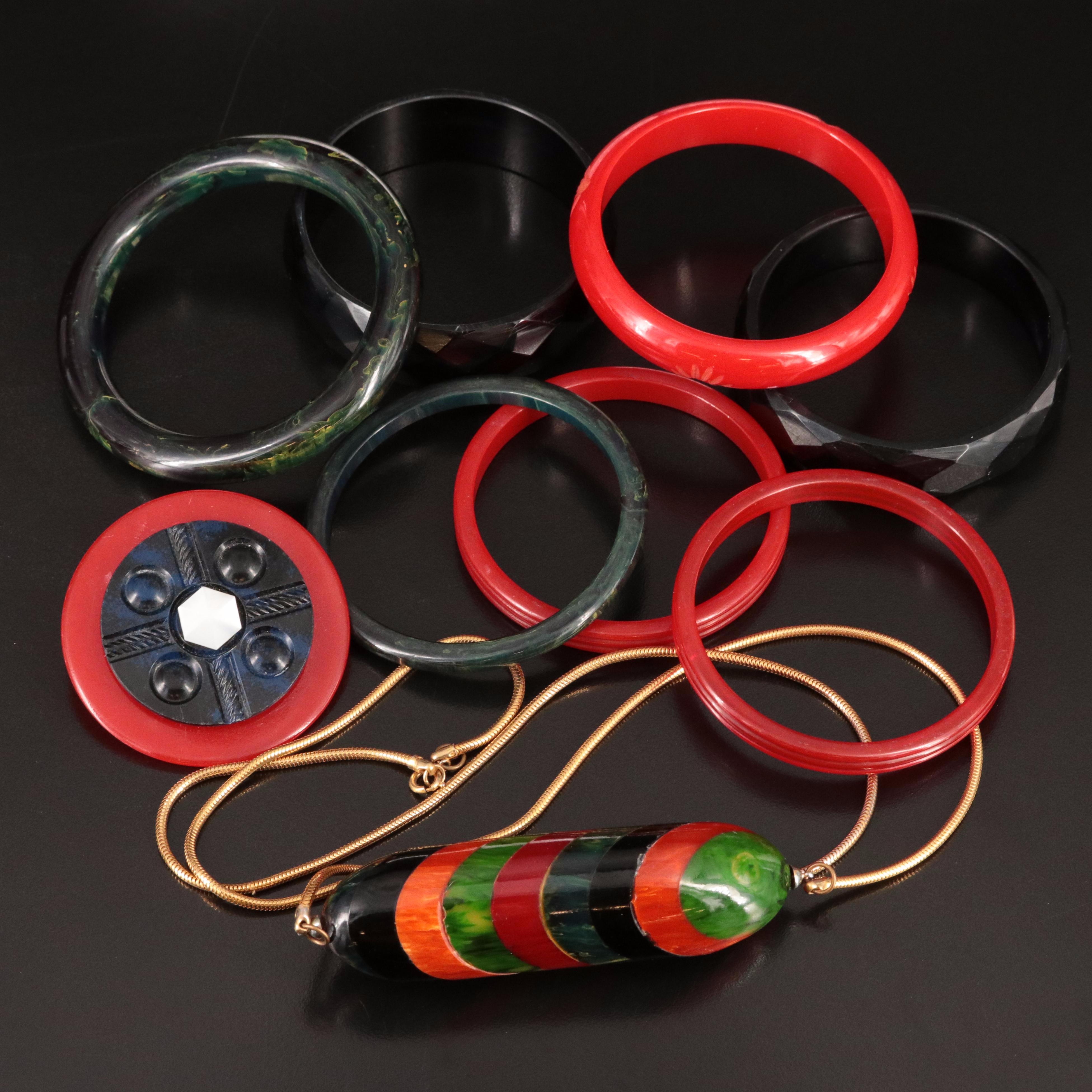 Bakelite Jewelry with Deep Carved Bangle and Multi-Color Striped Bar Necklace