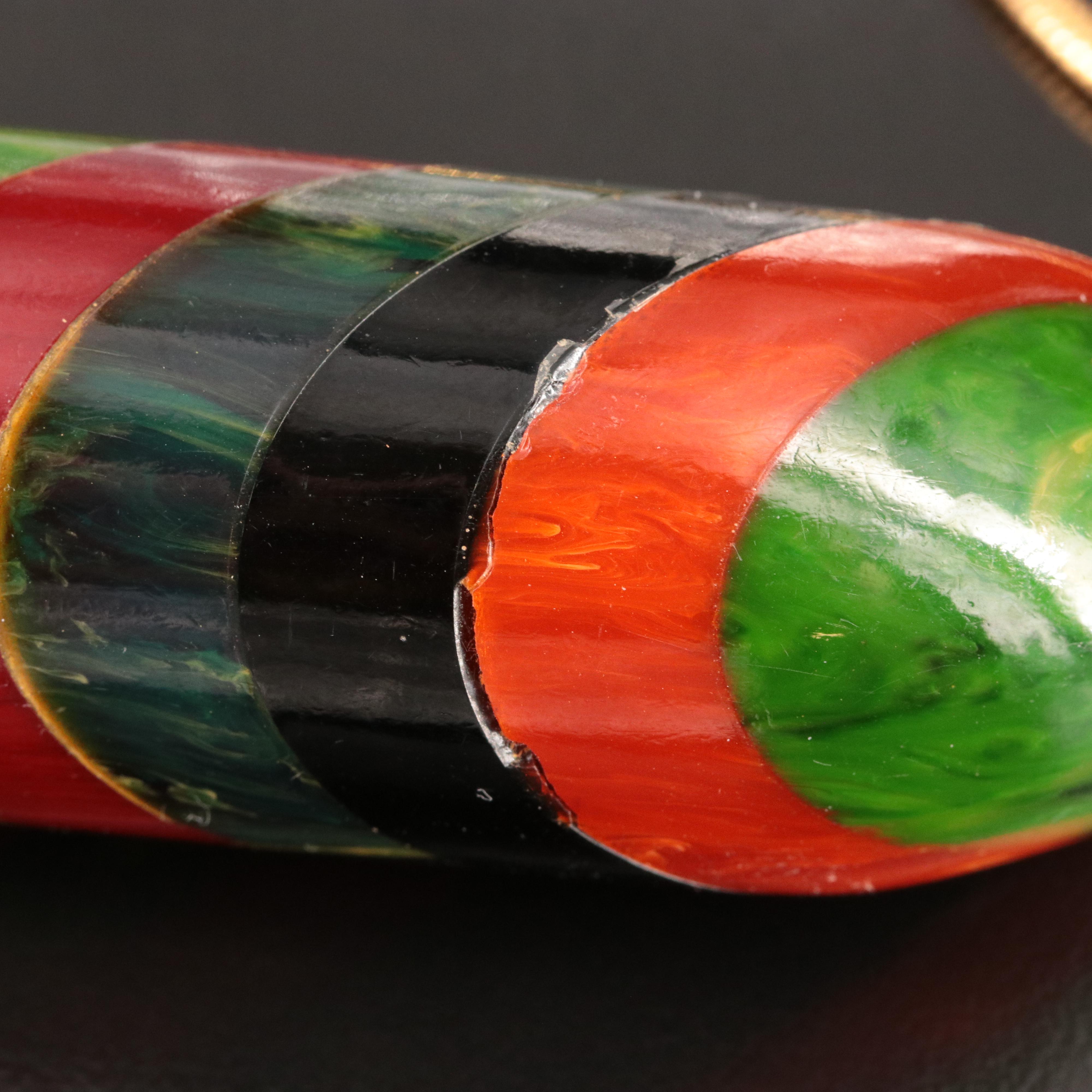 Bakelite Jewelry with Deep Carved Bangle and Multi-Color Striped Bar Necklace