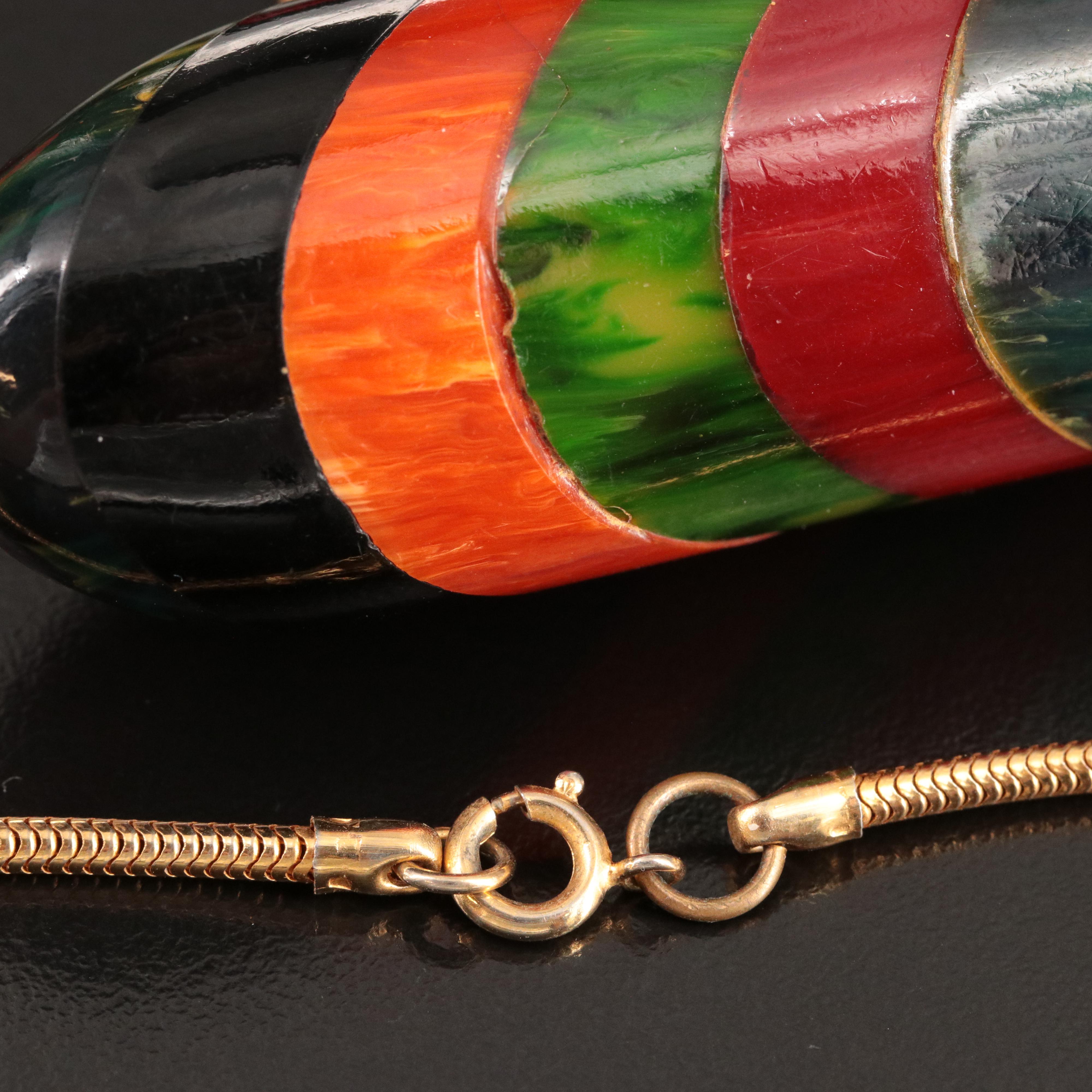 Bakelite Jewelry with Deep Carved Bangle and Multi-Color Striped Bar Necklace
