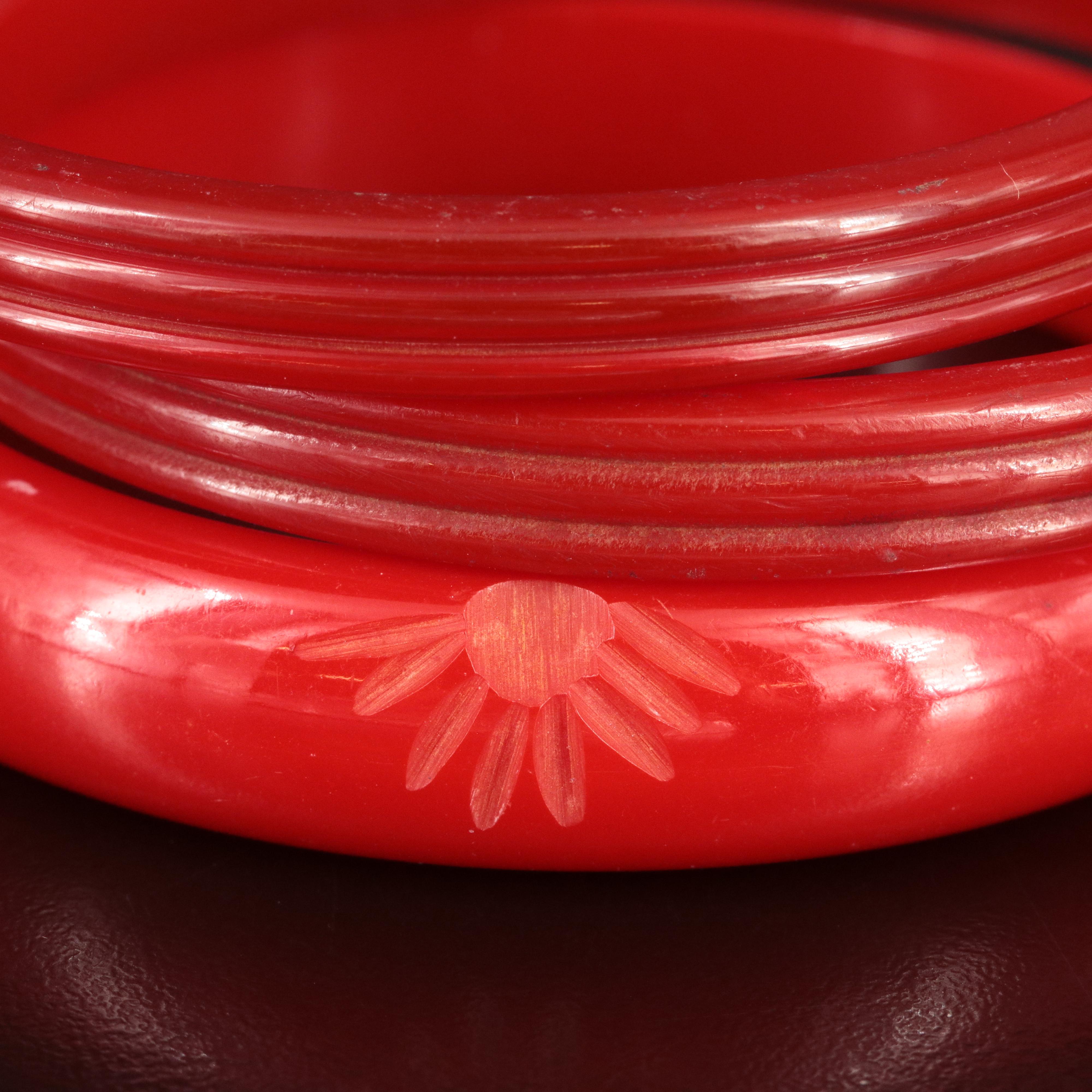 Bakelite Jewelry with Deep Carved Bangle and Multi-Color Striped Bar Necklace