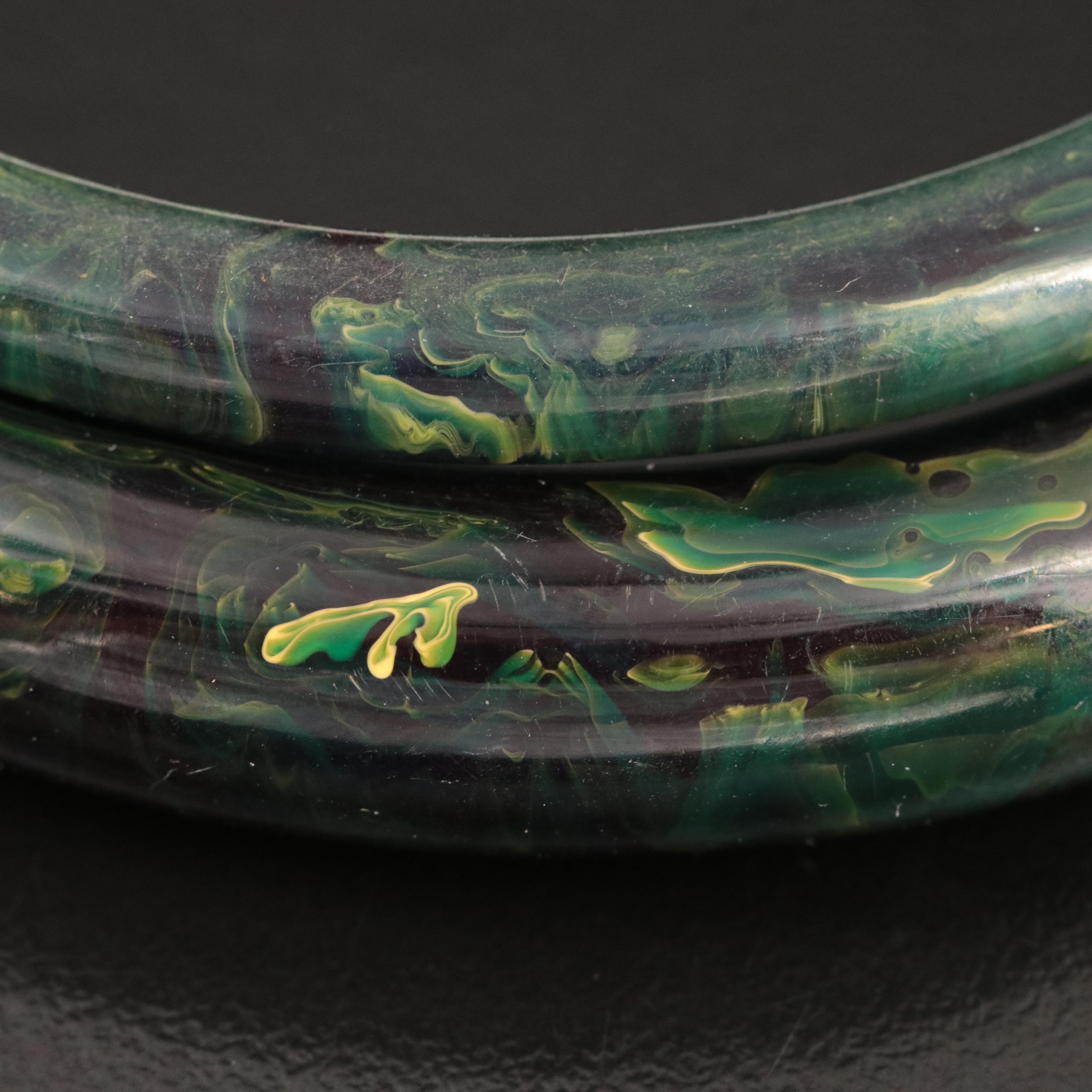 Bakelite Jewelry with Deep Carved Bangle and Multi-Color Striped Bar Necklace