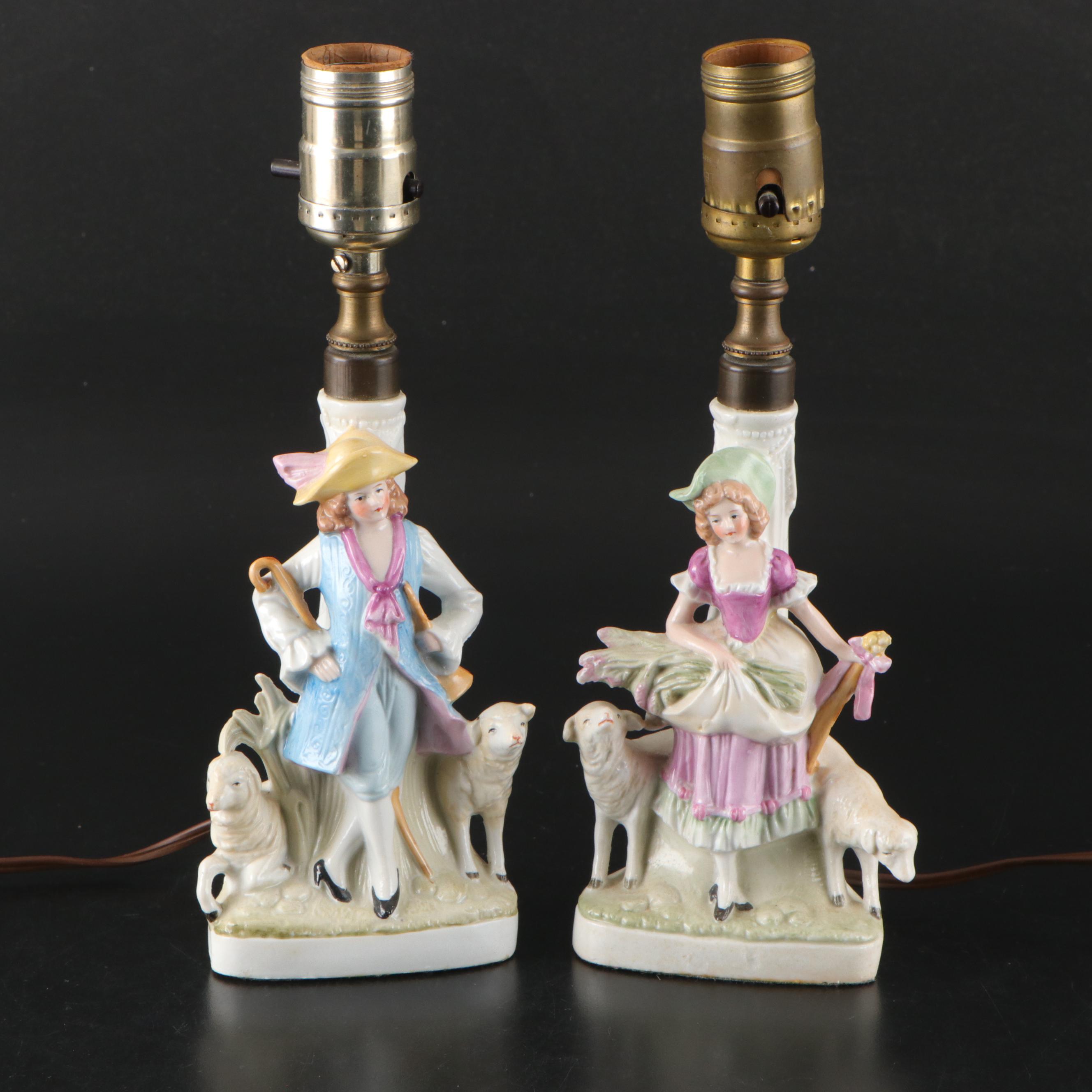 Staffordshire Style Hand-Painted Ceramic Shepherd and Shepherdess Table Lamps