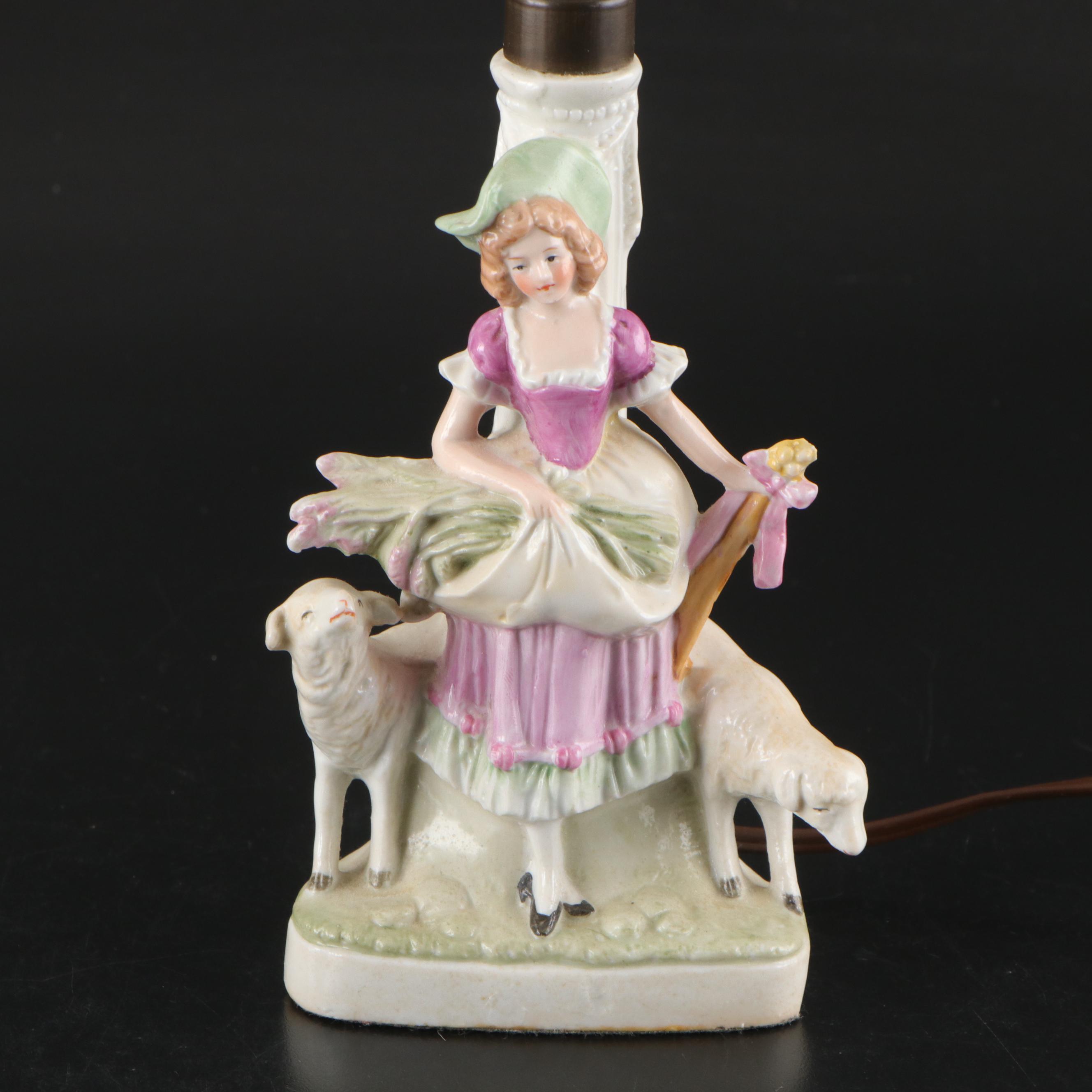 Staffordshire Style Hand-Painted Ceramic Shepherd and Shepherdess Table Lamps