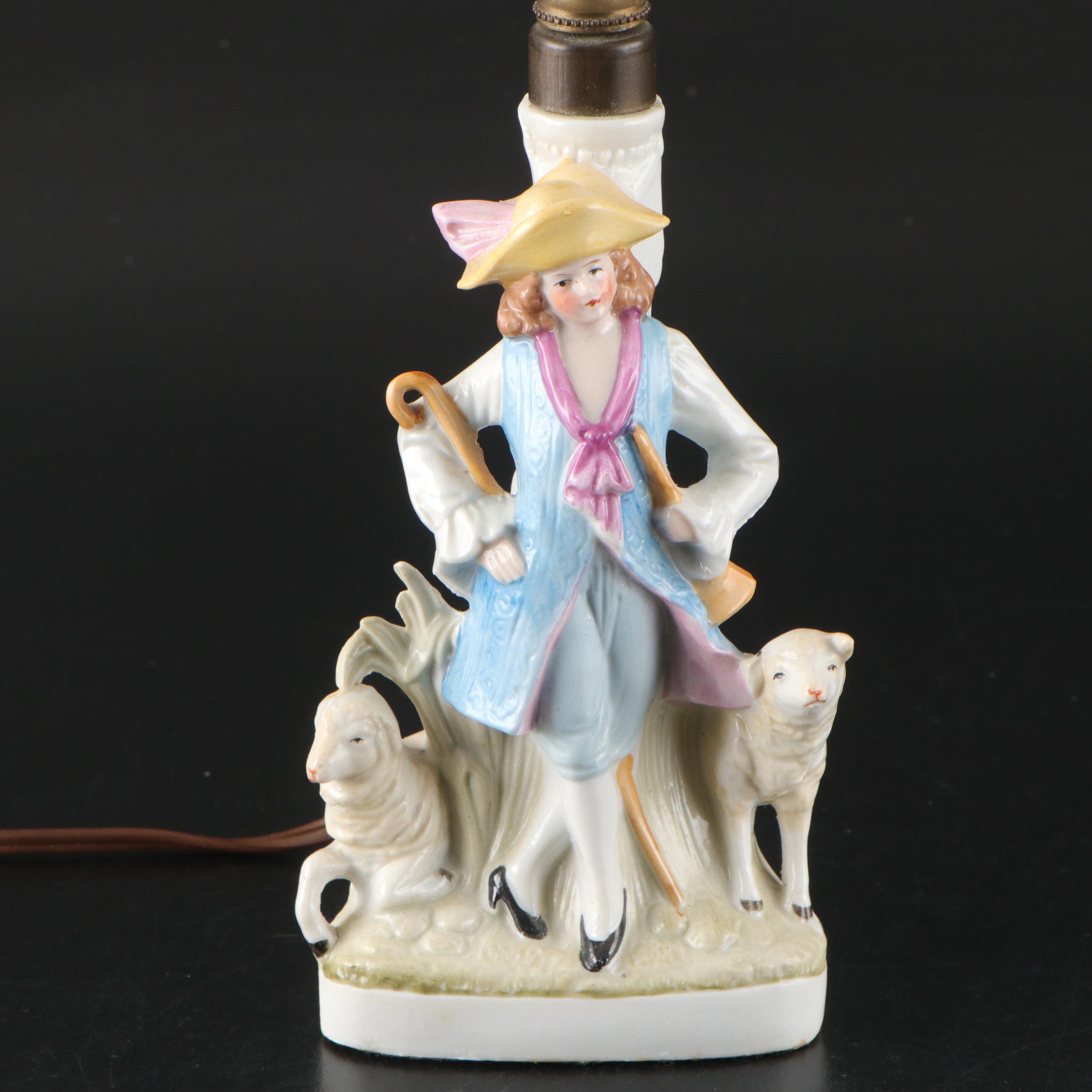 Staffordshire Style Hand-Painted Ceramic Shepherd and Shepherdess Table Lamps