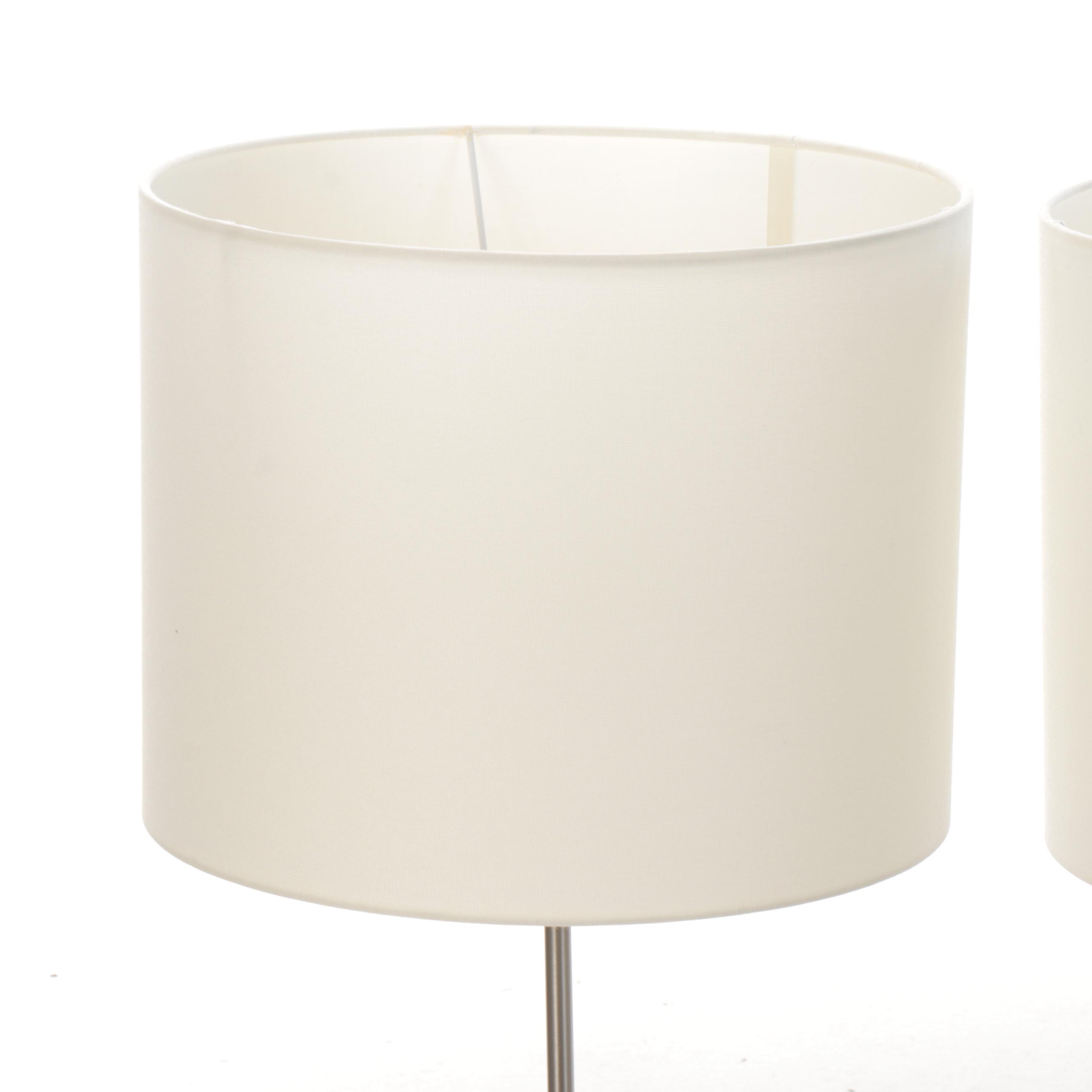 IKEA Brushed Nickle Adjustable Table Lamps with Cotton Drum Shades
