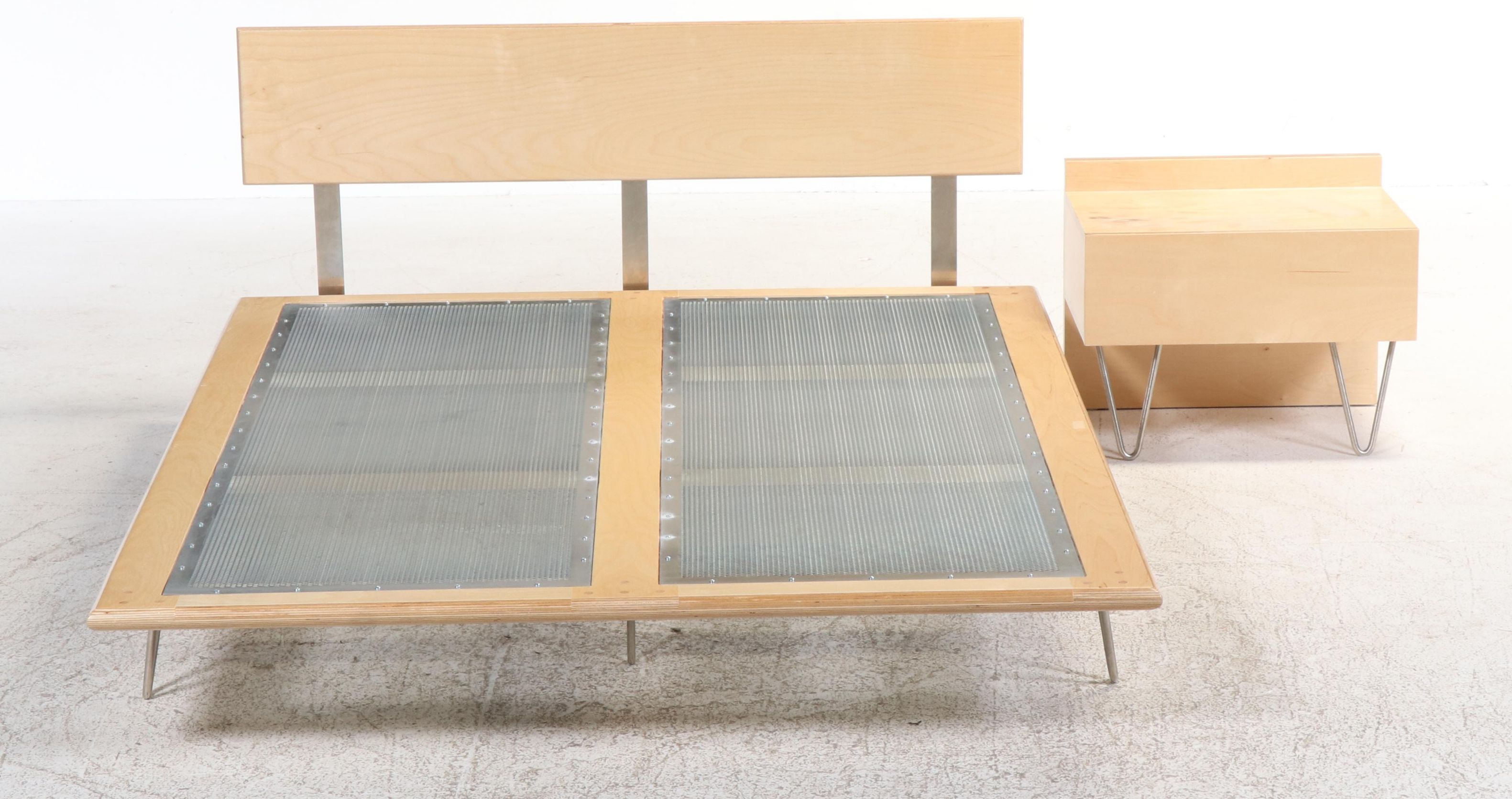 Modernist Blonde Wood and Hairpin Leg Queen Size Bed and Nightstand