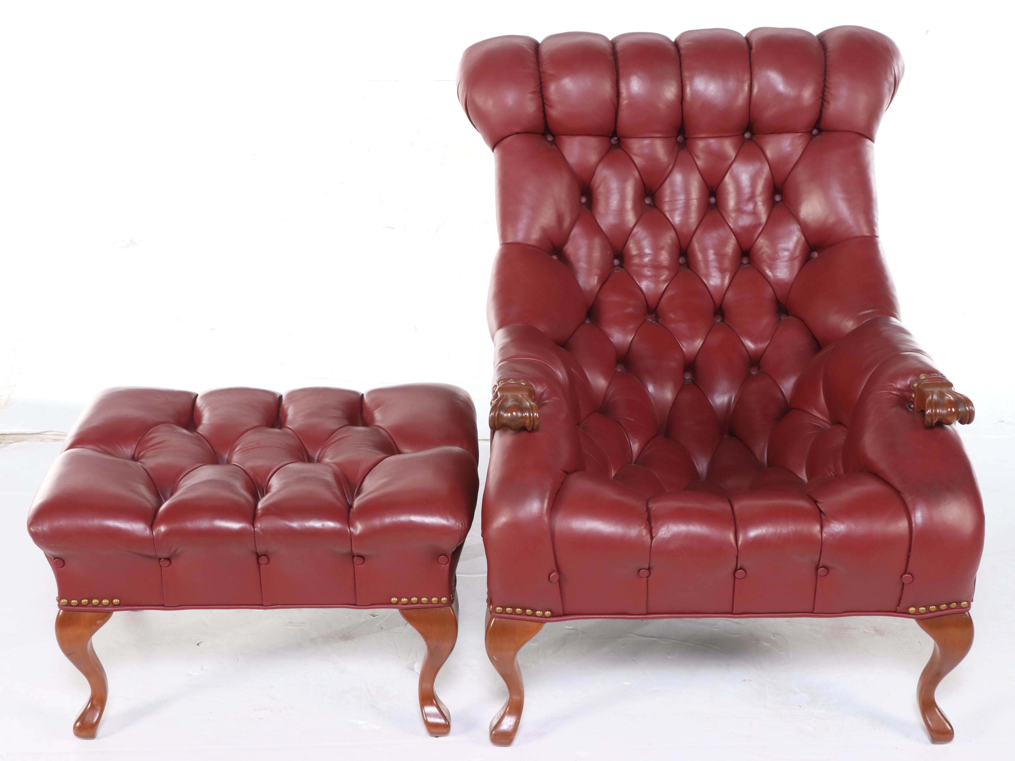 Carl Forslund "Rip Van Lee" Cherrywood & Button-Down Leather Armchair w/ Ottoman